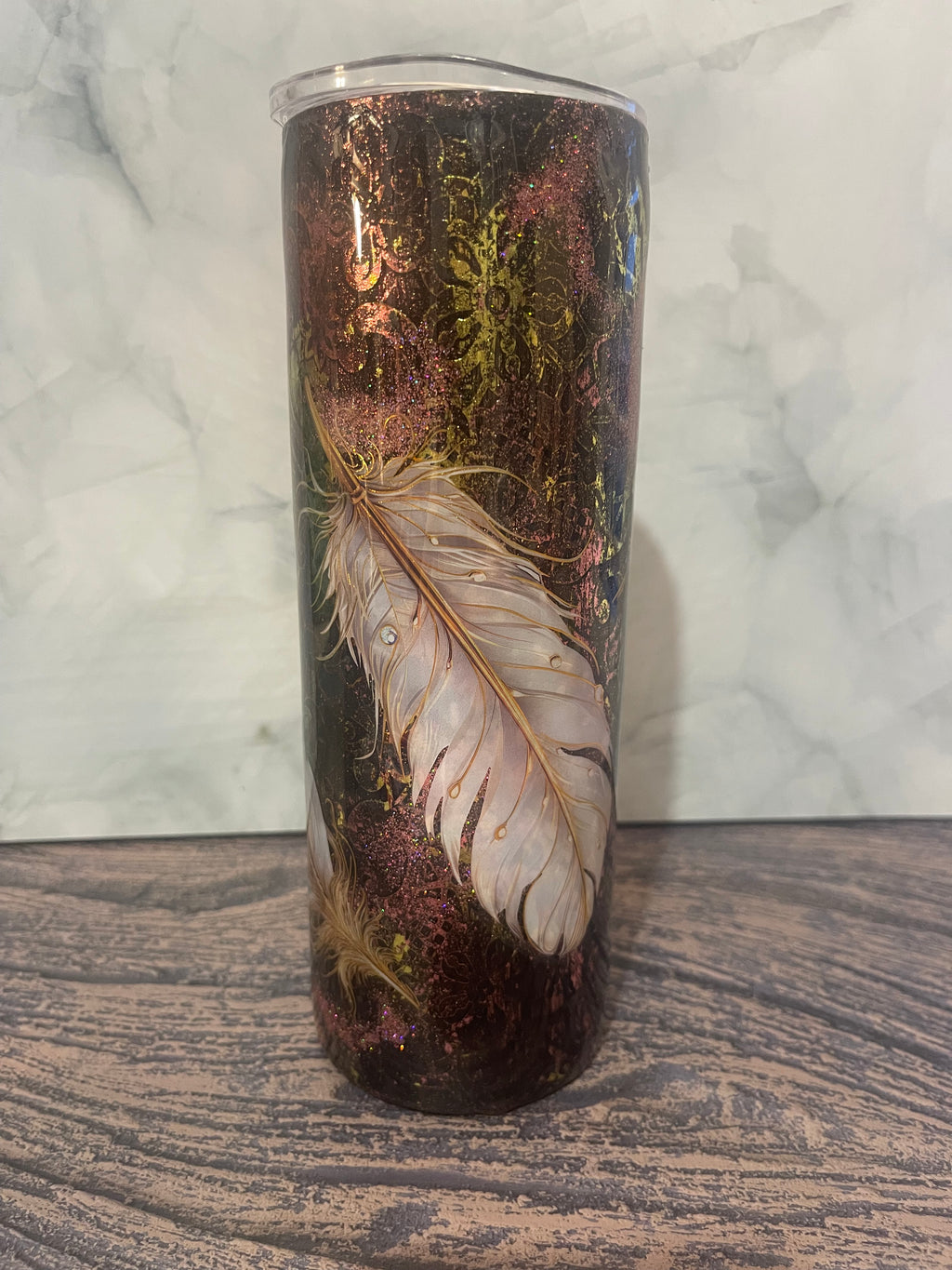 Enchanted Feather Tumbler - 20oz with Glitter Accents with Straw