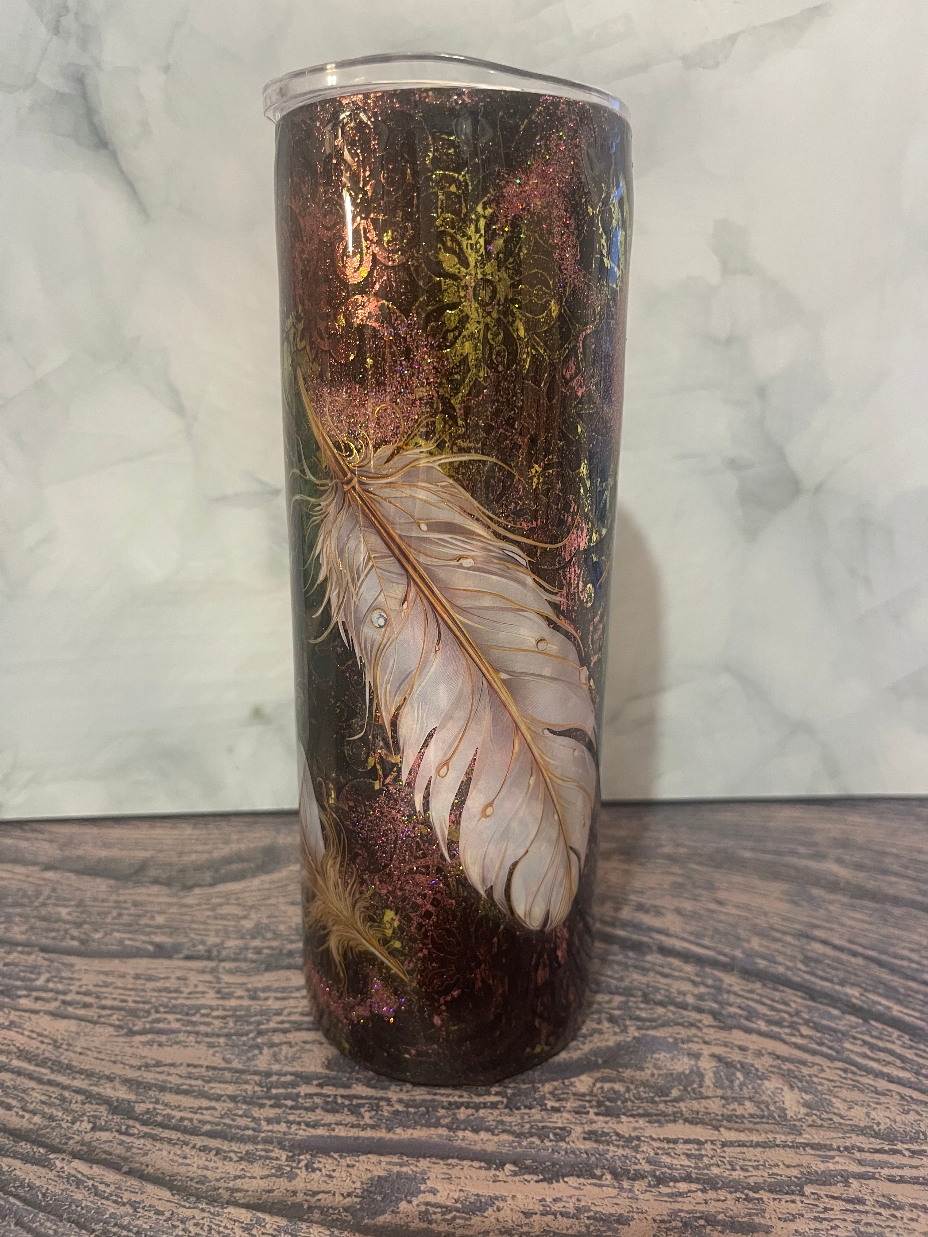 Enchanted Feather Tumbler - 20oz with Glitter Accents with Straw