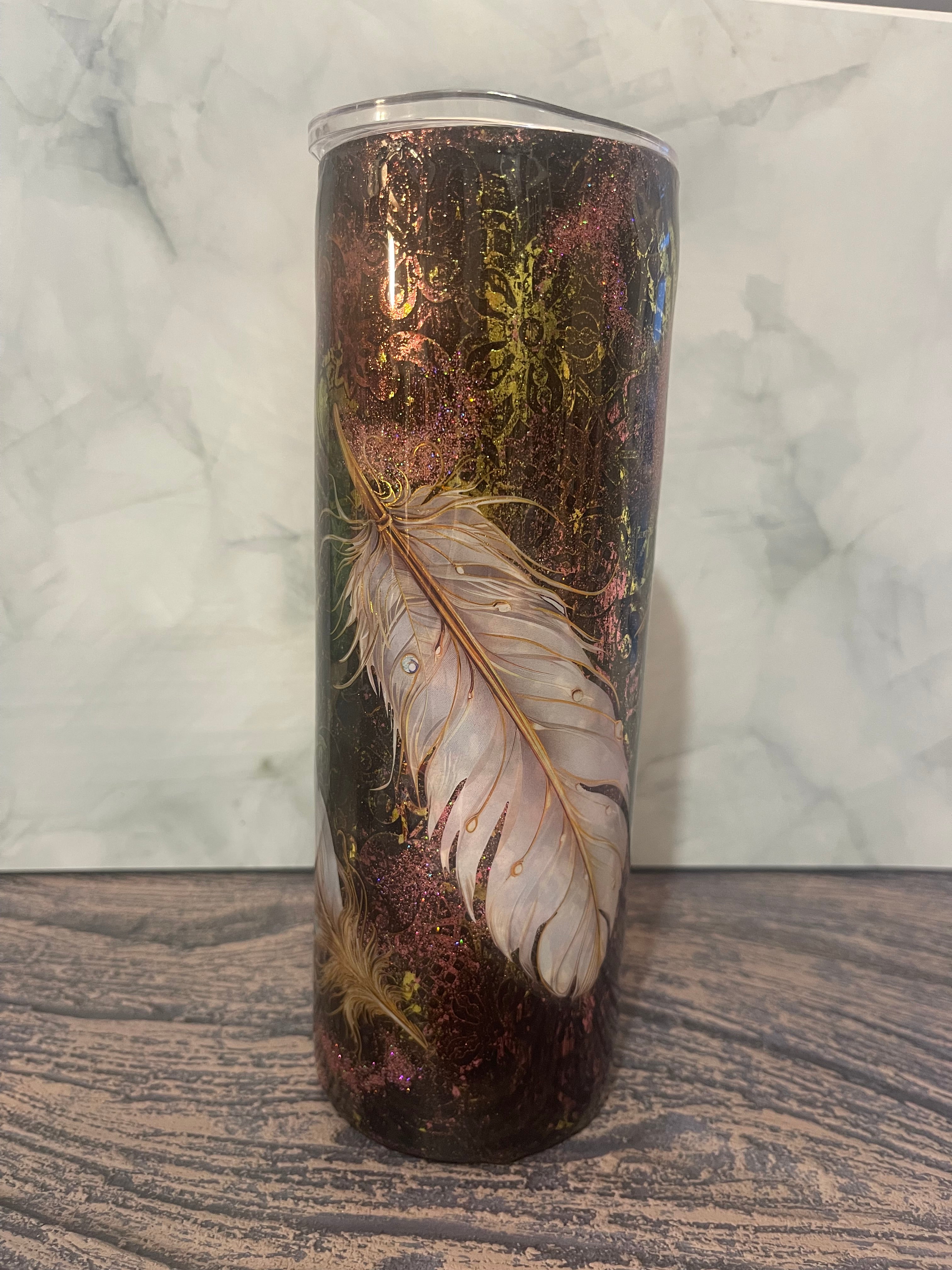 Enchanted Feather Tumbler - 20oz with Glitter Accents with Straw