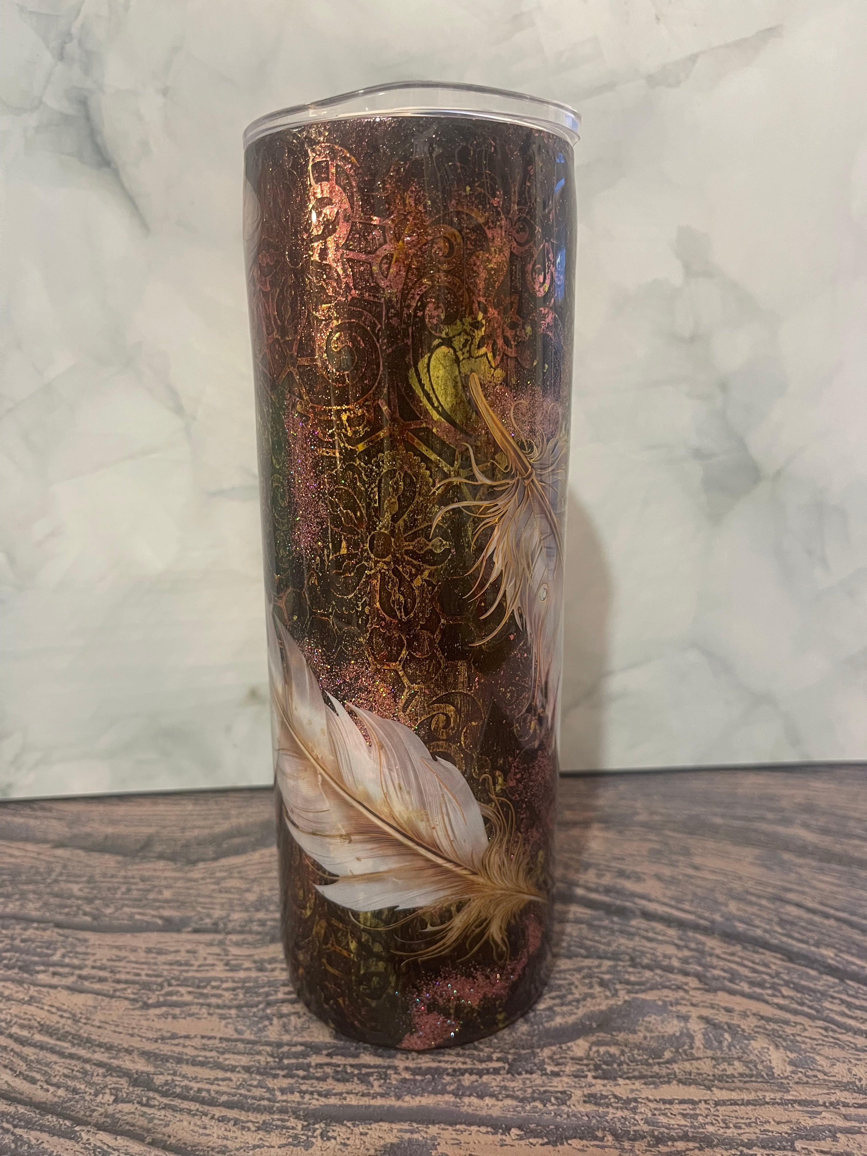 Enchanted Feather Tumbler - 20oz with Glitter Accents with Straw