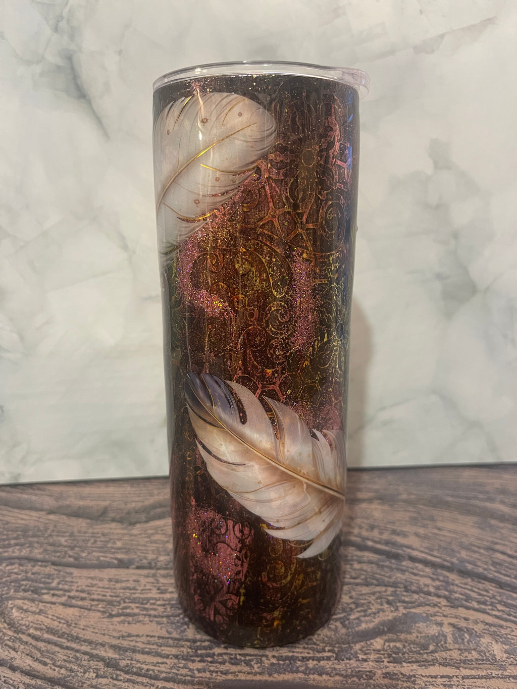 Enchanted Feather Tumbler - 20oz with Glitter Accents with Straw