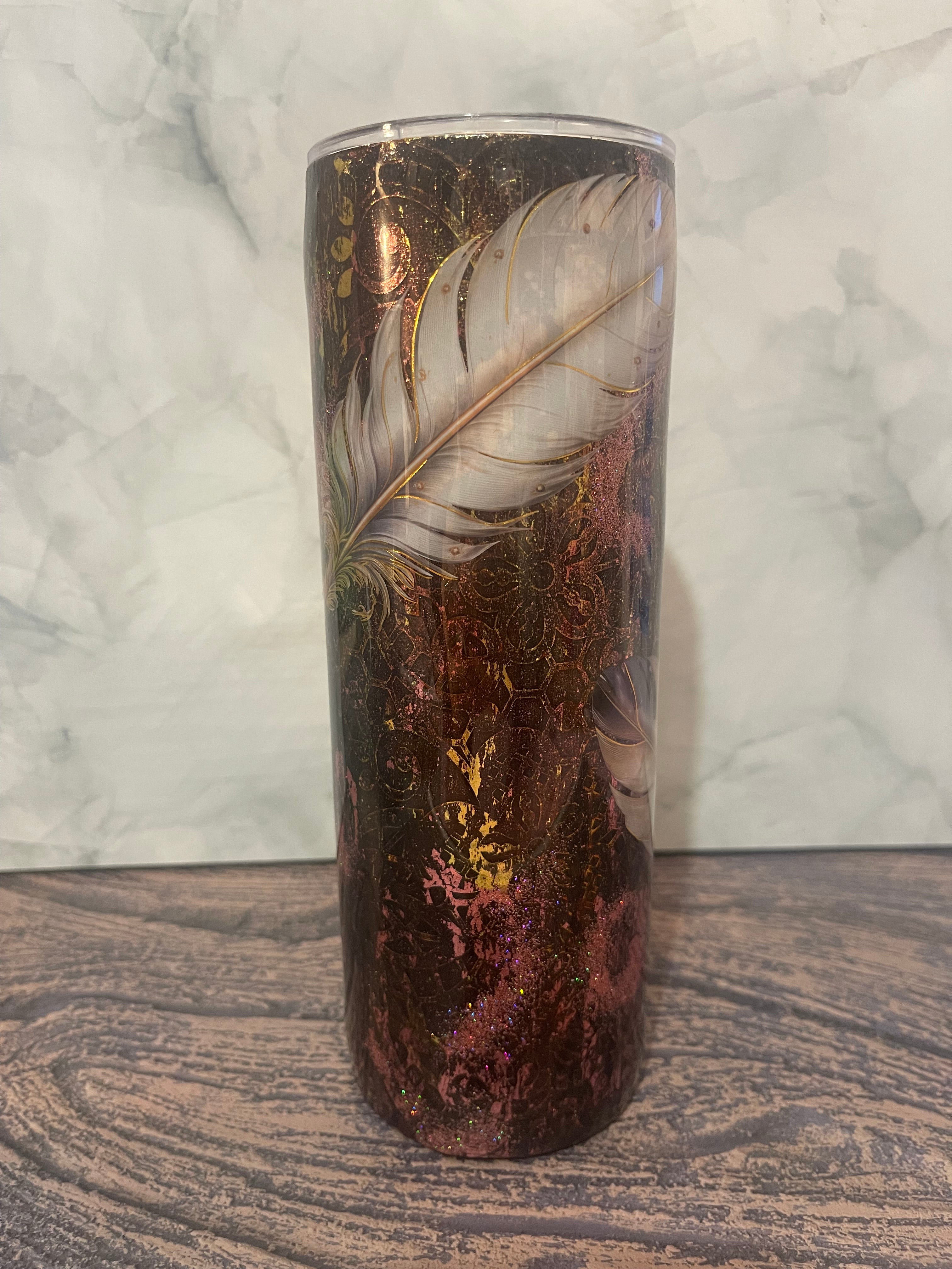 Enchanted Feather Tumbler - 20oz with Glitter Accents with Straw
