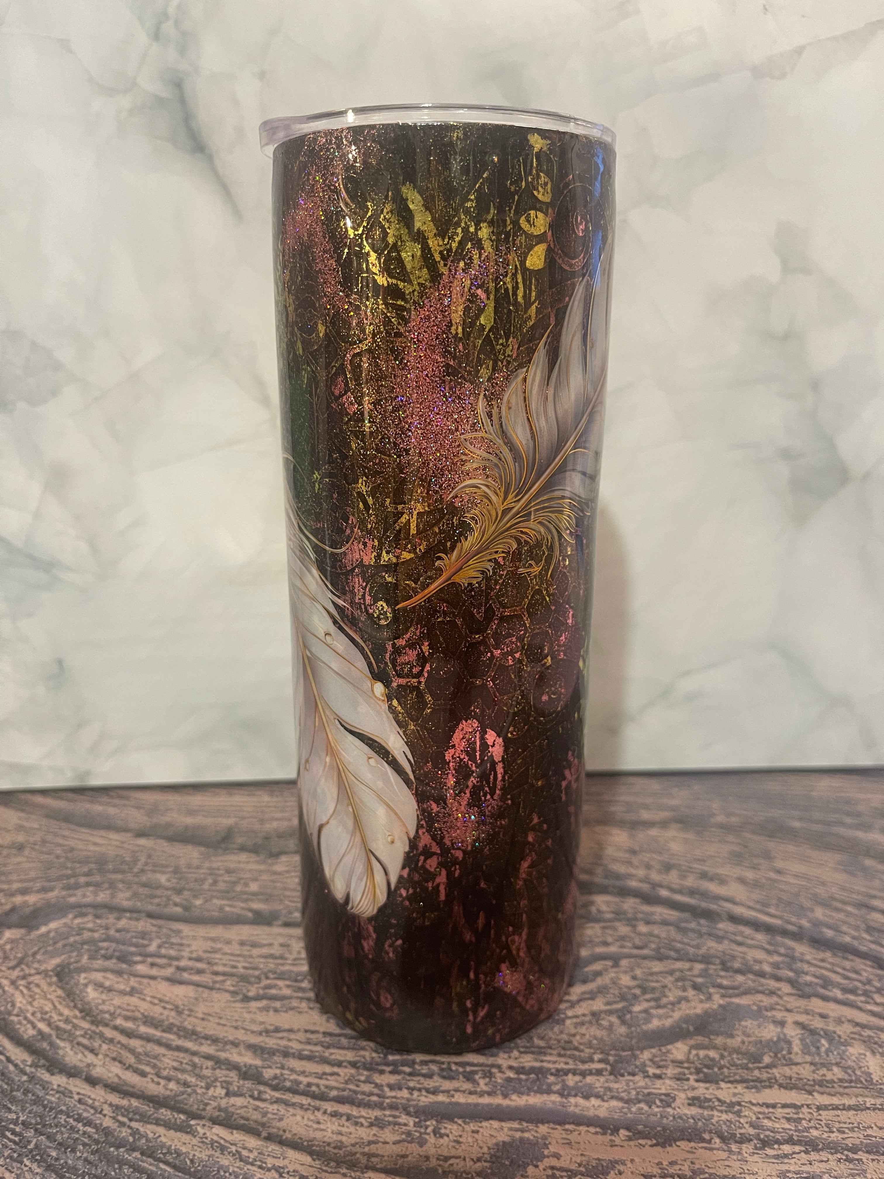 Enchanted Feather Tumbler - 20oz with Glitter Accents with Straw