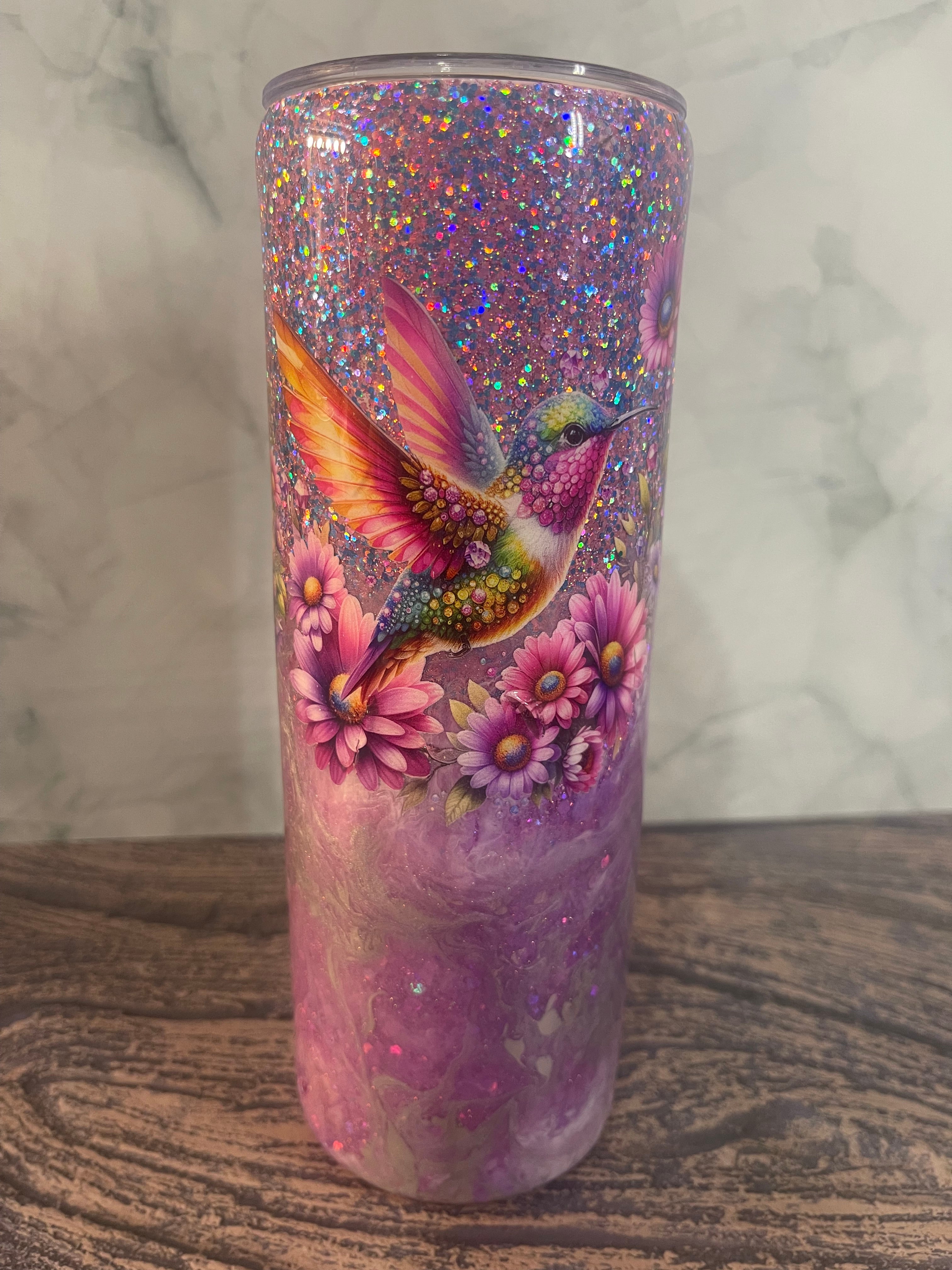 Hummingbird Tumbler - 20oz Insulated Purple Galaxy Glitter with Floral Design