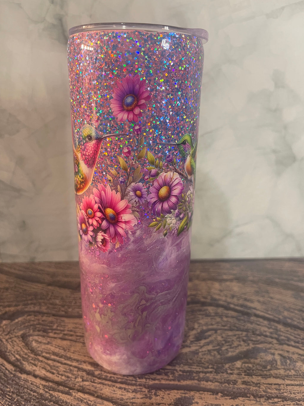 Hummingbird Tumbler - 20oz Insulated Purple Galaxy Glitter with Floral Design