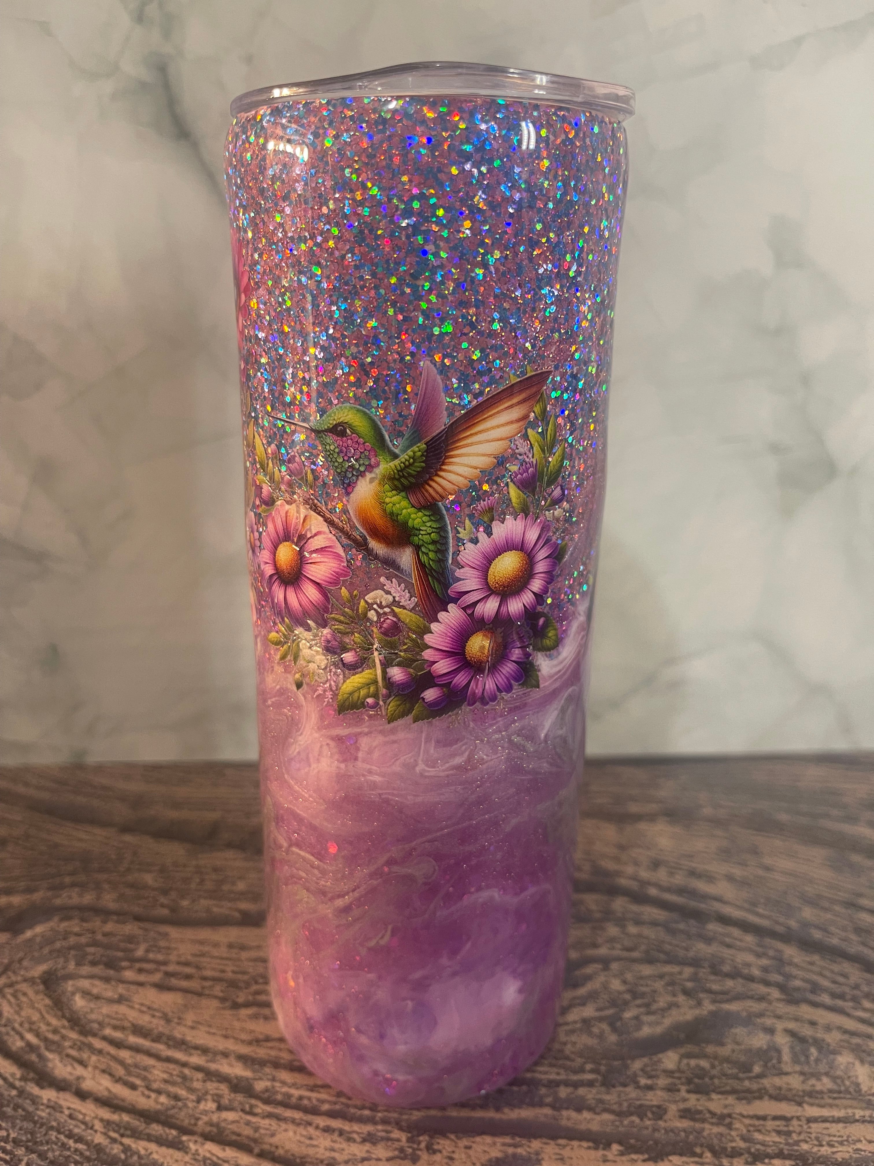 Hummingbird Tumbler - 20oz Insulated Purple Galaxy Glitter with Floral Design