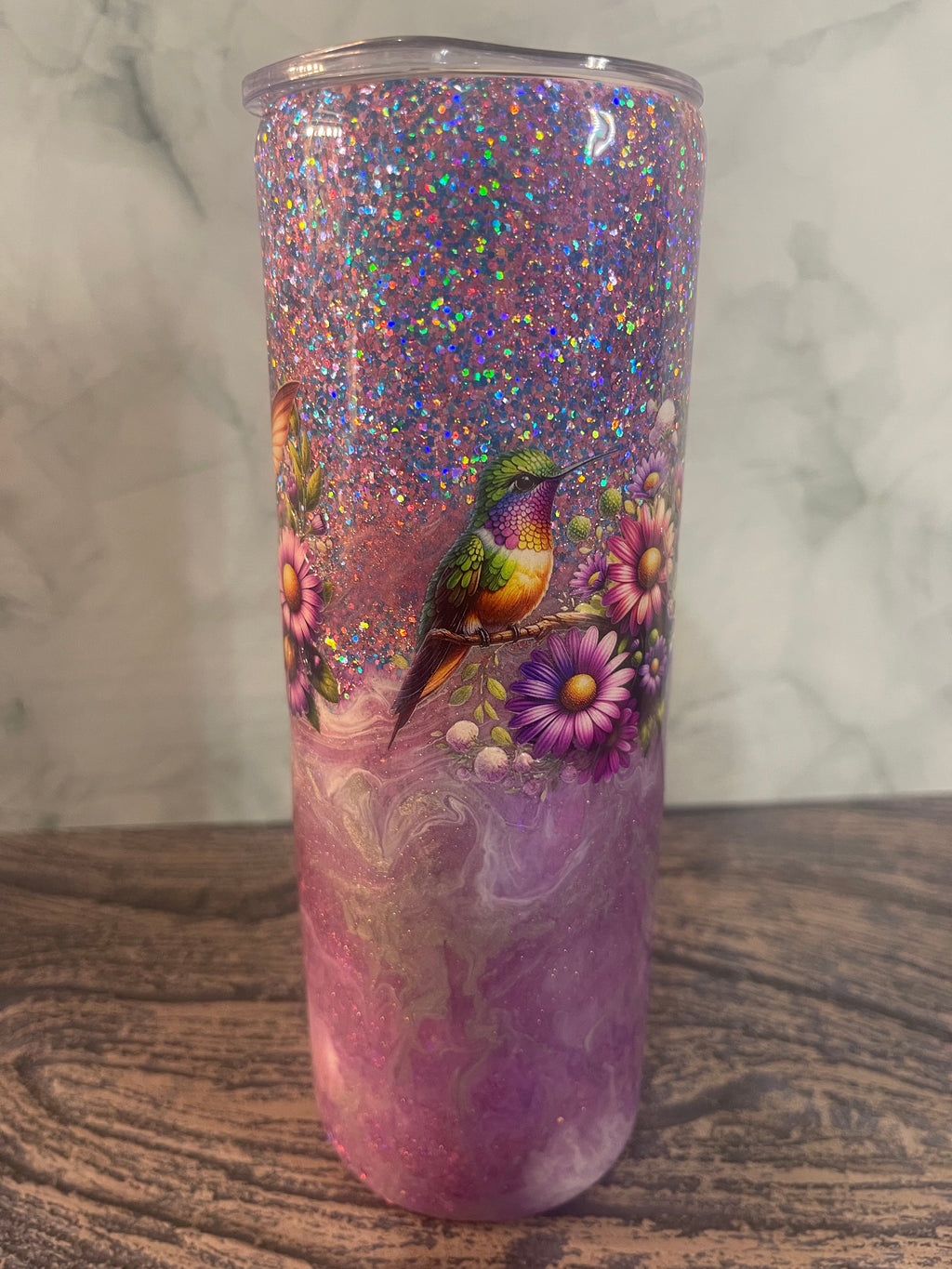 Hummingbird Tumbler - 20oz Insulated Purple Galaxy Glitter with Floral Design