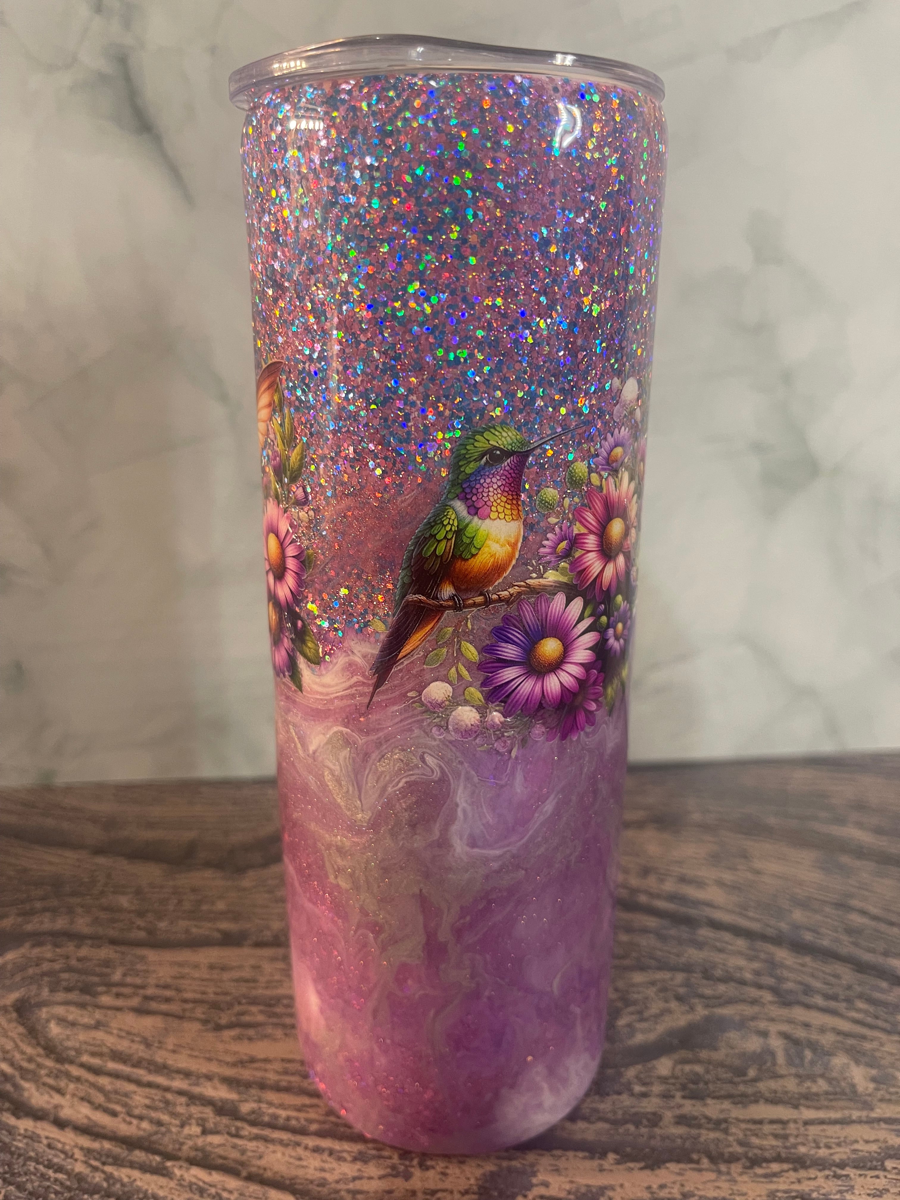 Hummingbird Tumbler - 20oz Insulated Purple Galaxy Glitter with Floral Design