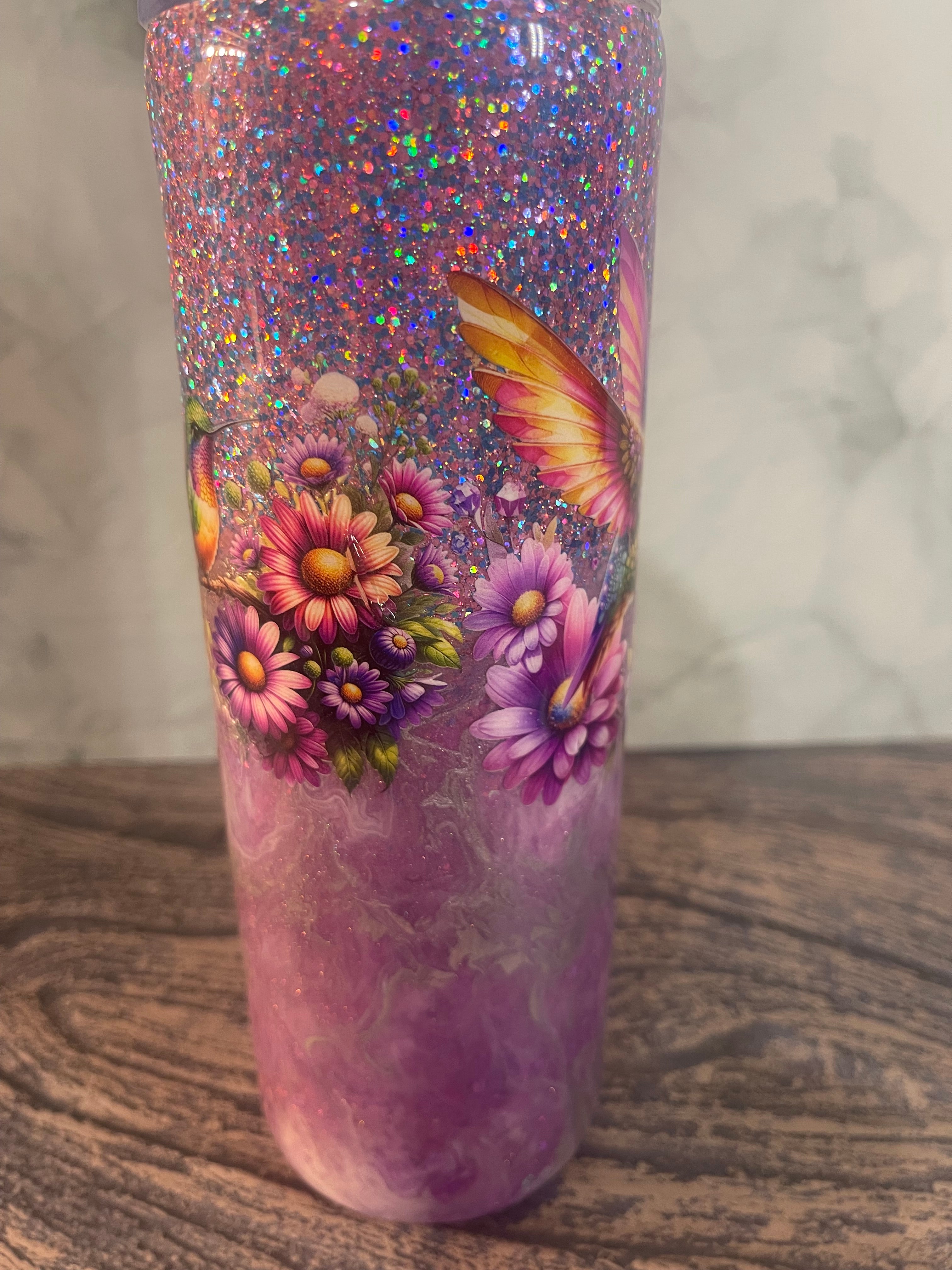 Hummingbird Tumbler - 20oz Insulated Purple Galaxy Glitter with Floral Design
