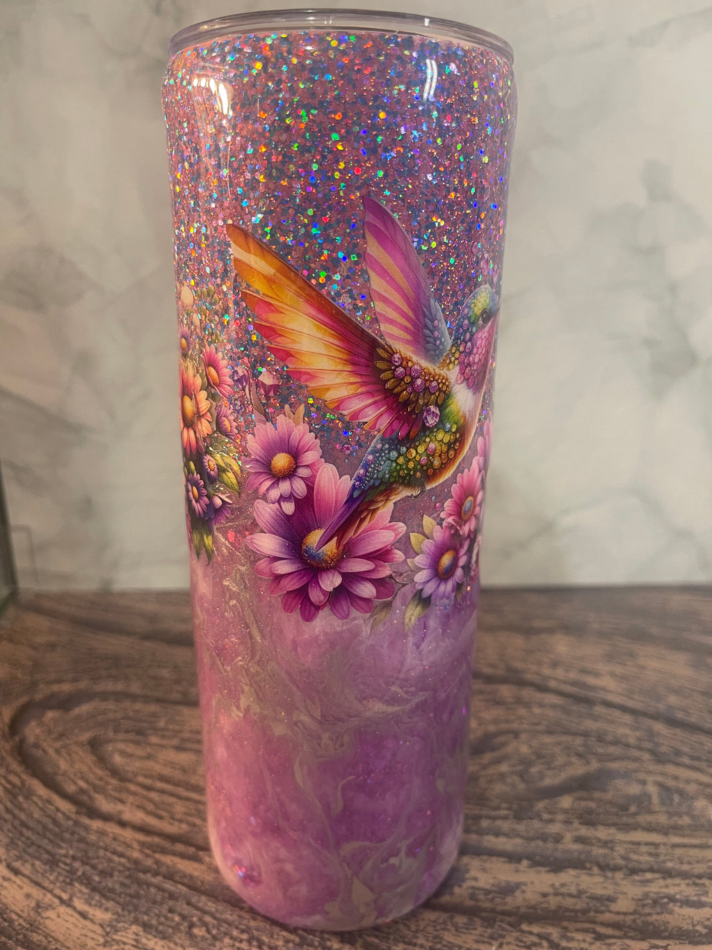 Hummingbird Tumbler - 20oz Insulated Purple Galaxy Glitter with Floral Design