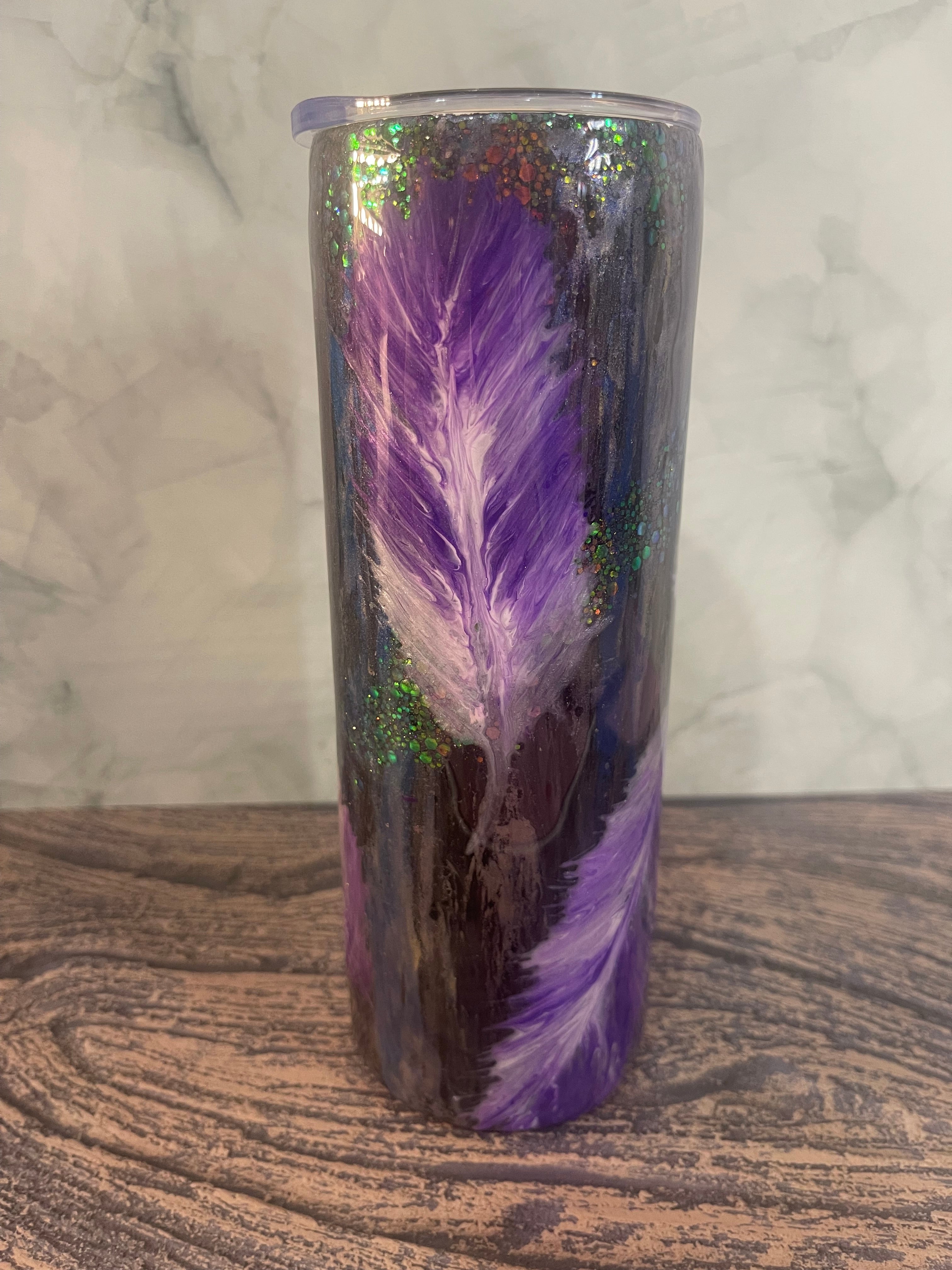 Purple Feather Tumbler - 20oz Insulated with Holographic Glitter Accents