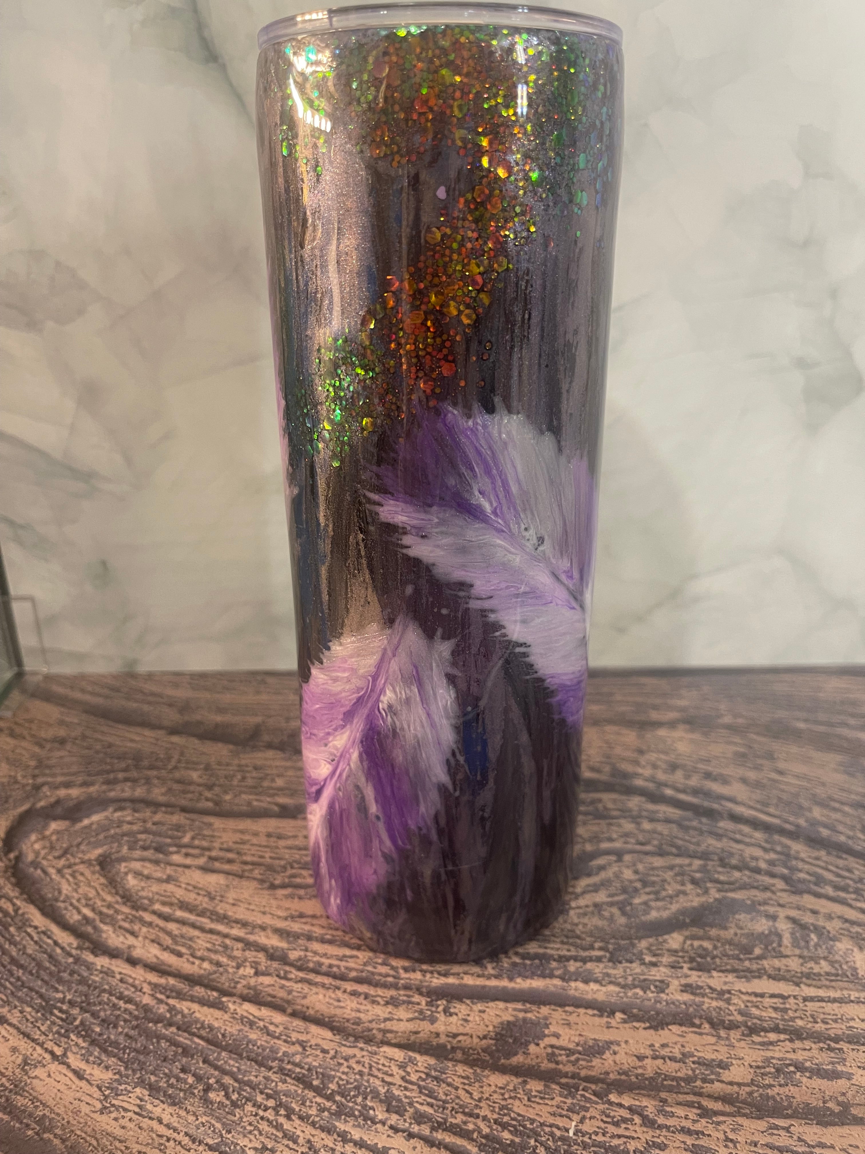Purple Feather Tumbler - 20oz Insulated with Holographic Glitter Accents