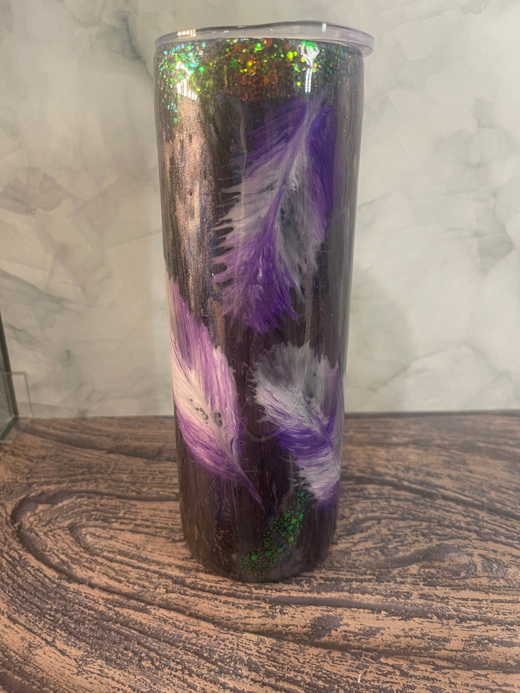 Purple Feather Tumbler - 20oz Insulated with Holographic Glitter Accents
