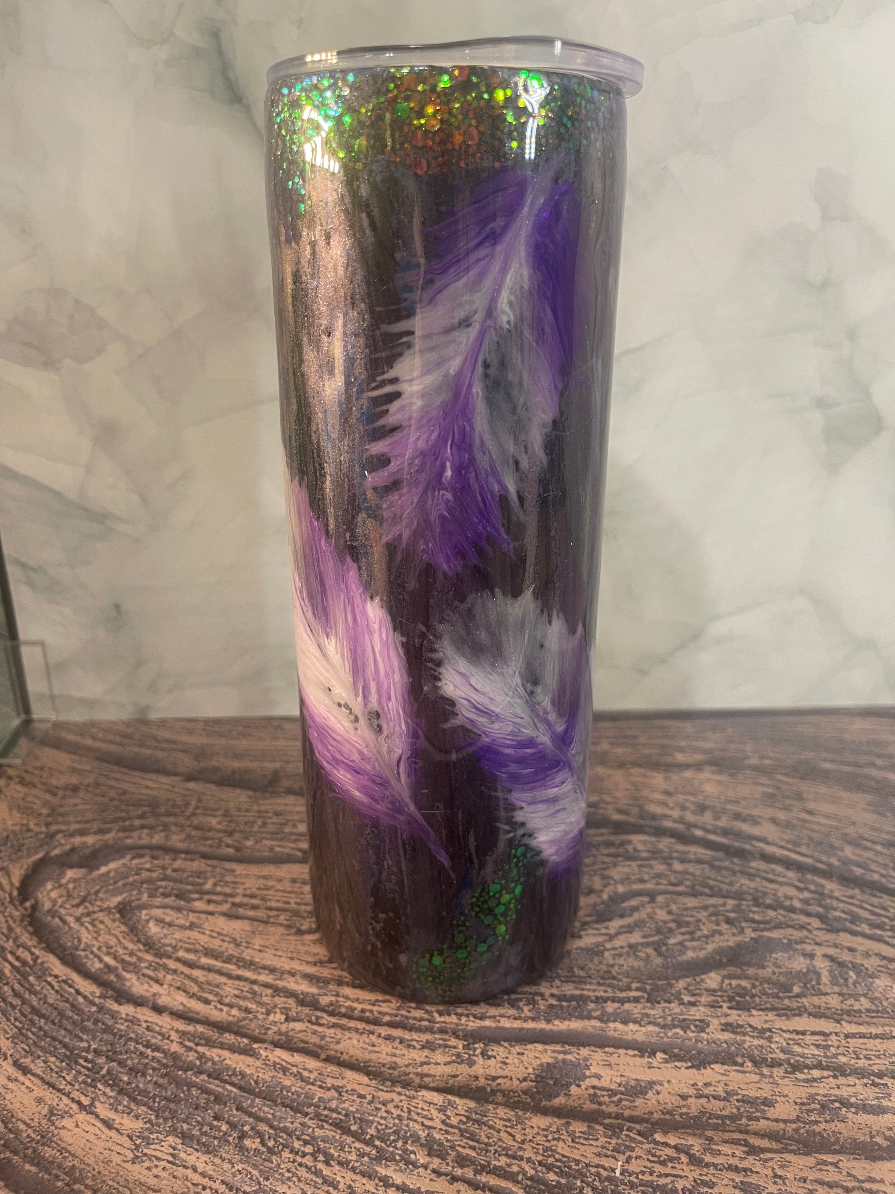 Purple Feather Tumbler - 20oz Insulated with Holographic Glitter Accents