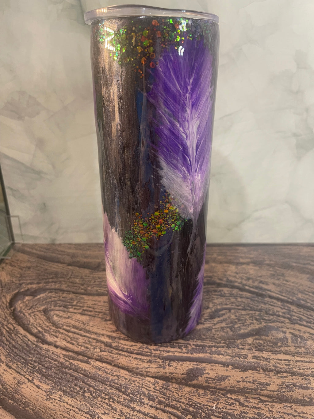 Purple Feather Tumbler - 20oz Insulated with Holographic Glitter Accents