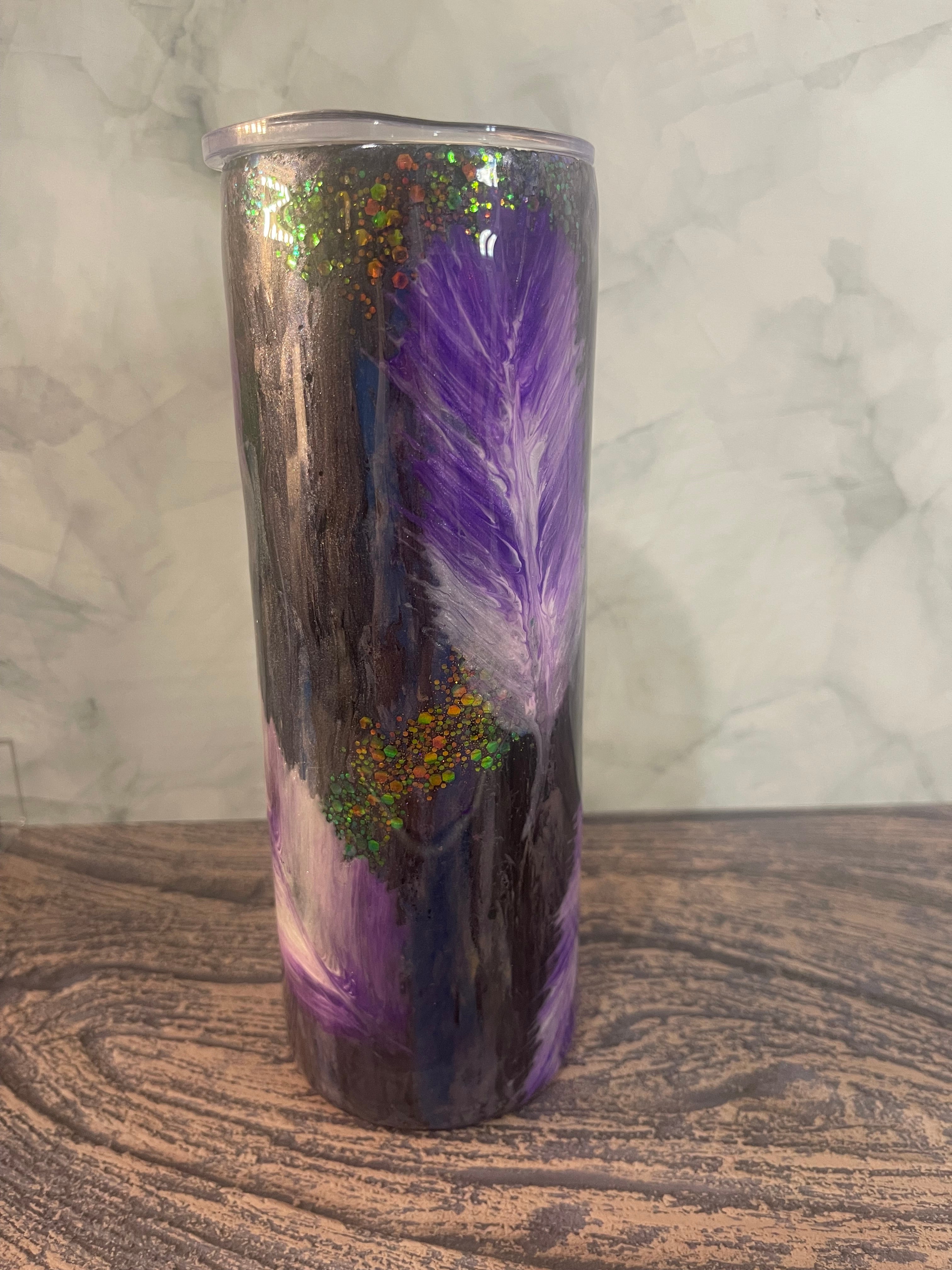 Purple Feather Tumbler - 20oz Insulated with Holographic Glitter Accents