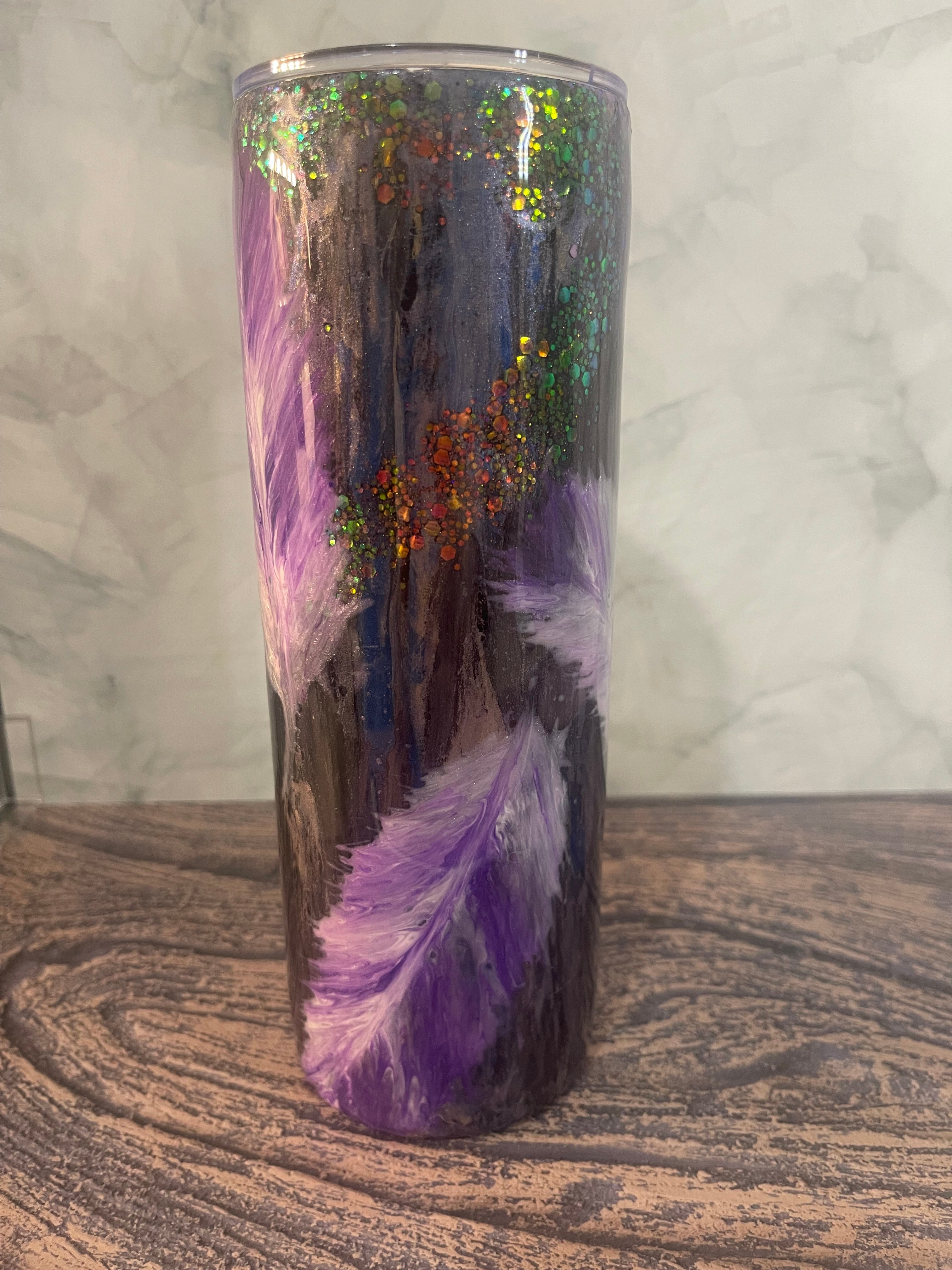 Purple Feather Tumbler - 20oz Insulated with Holographic Glitter Accents