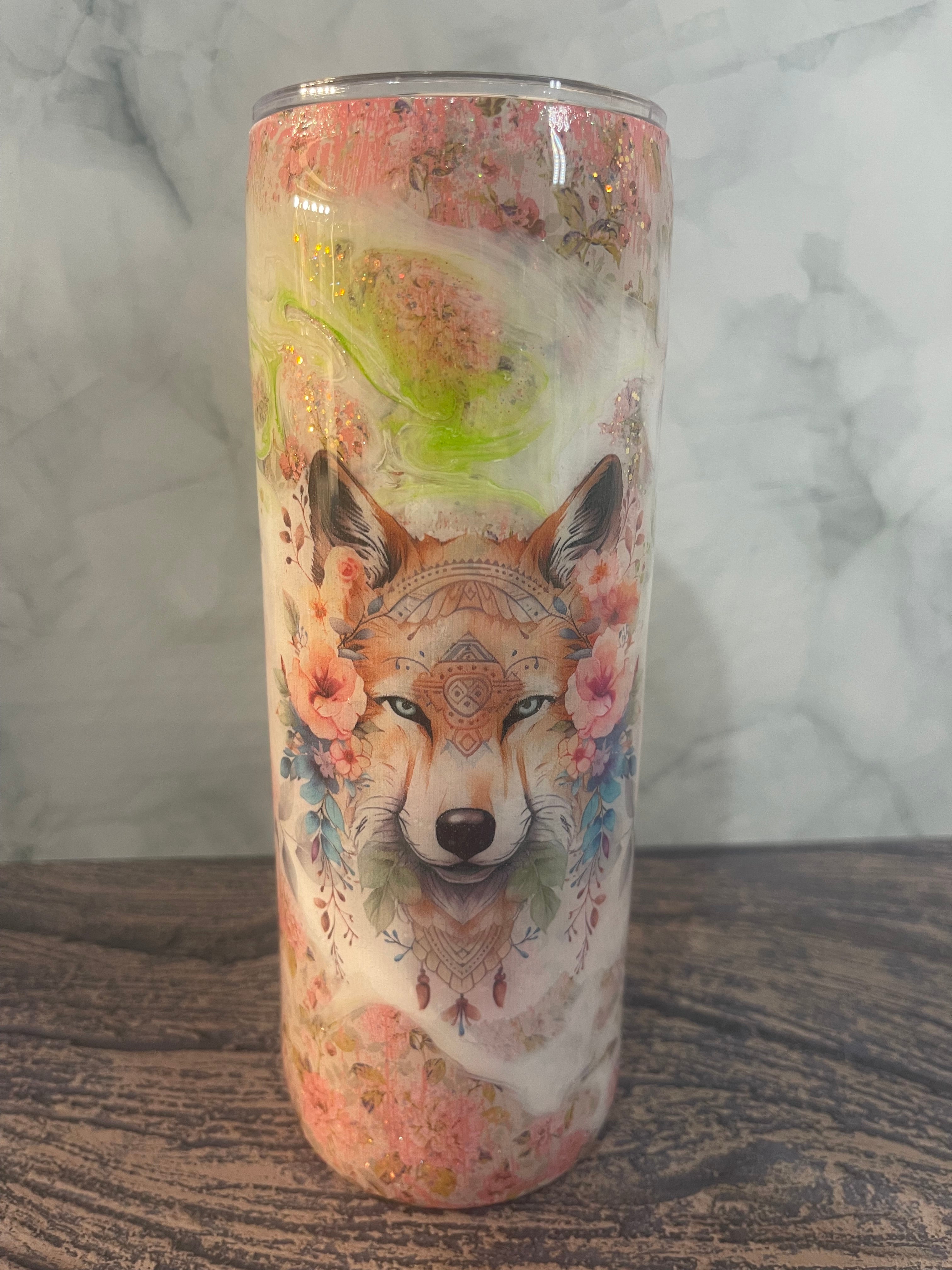Mystical Wolf Tumbler - 20oz Insulated Watercolor Floral with Mandala Design