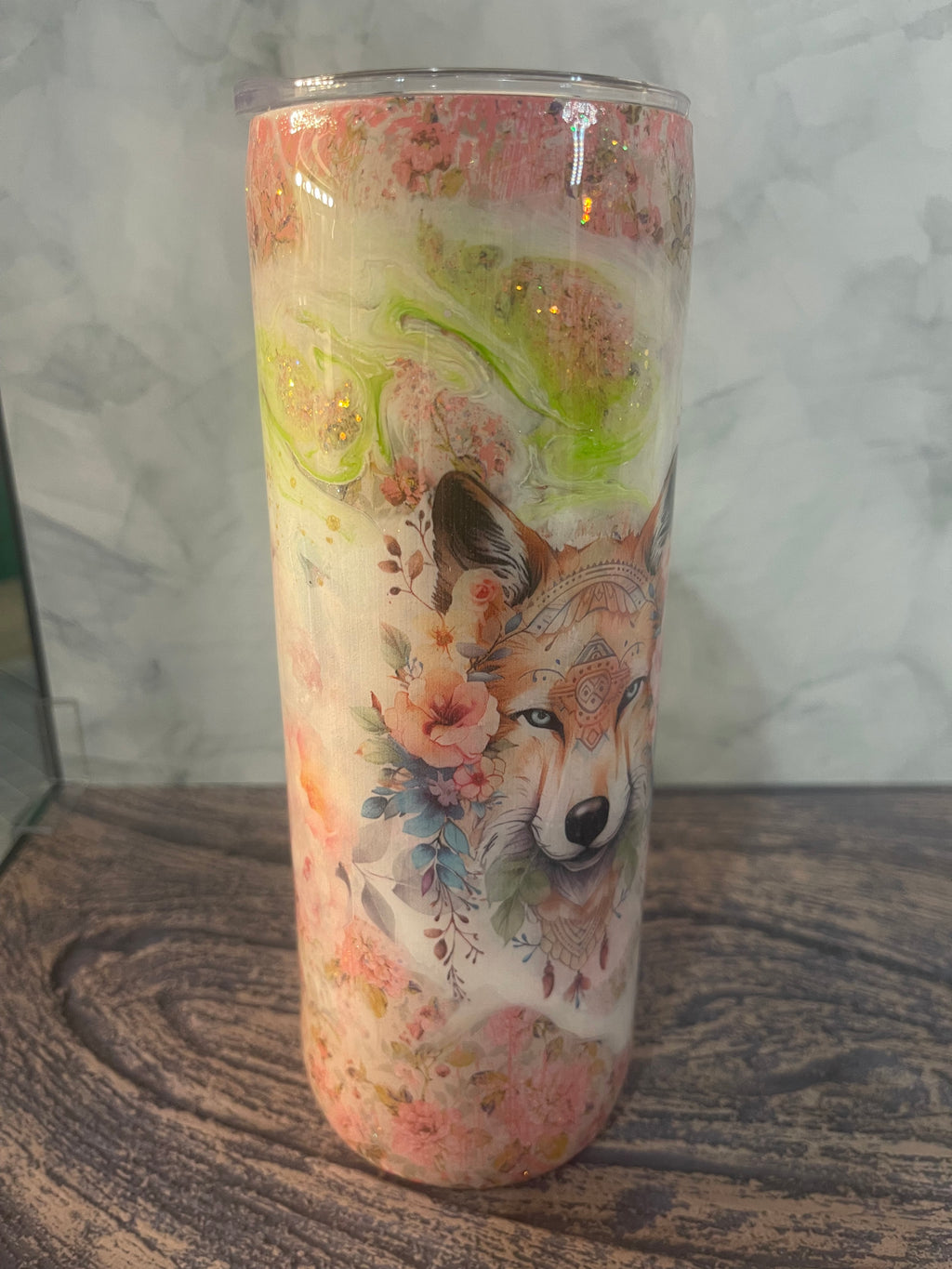 Mystical Wolf Tumbler - 20oz Insulated Watercolor Floral with Mandala Design