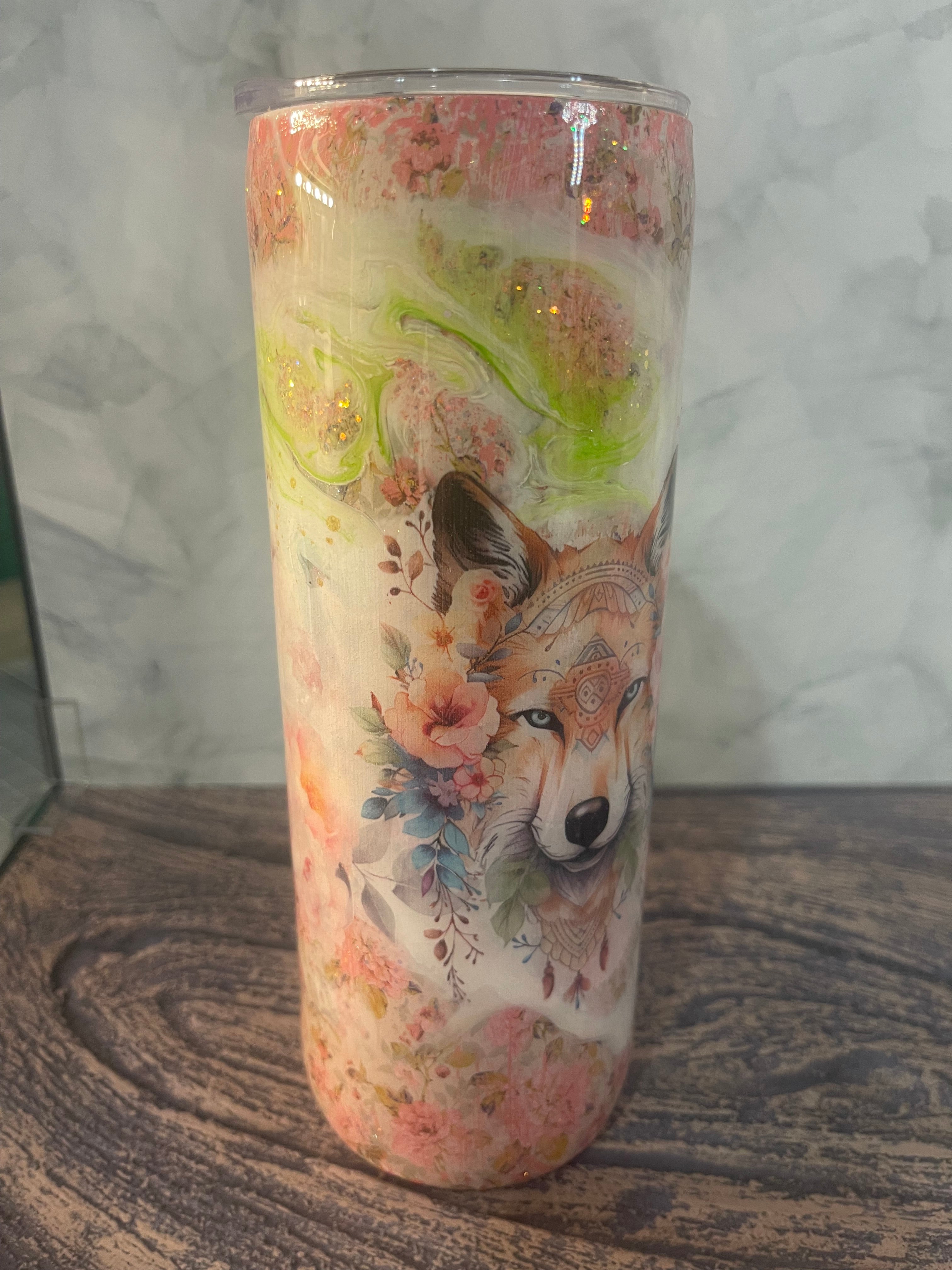 Mystical Wolf Tumbler - 20oz Insulated Watercolor Floral with Mandala Design