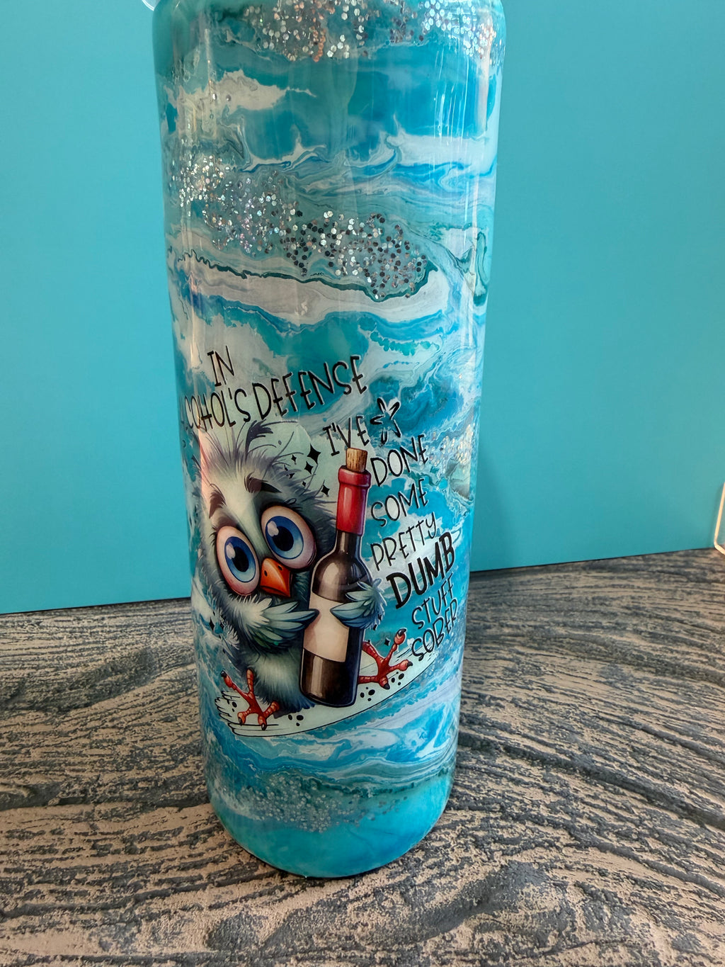 In Alcohol's Defense Tumbler - 20oz Ocean Blue Glitter