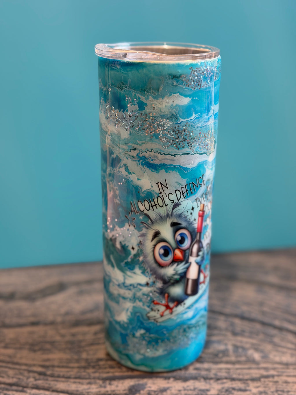 In Alcohol's Defense Tumbler - 20oz Ocean Blue Glitter
