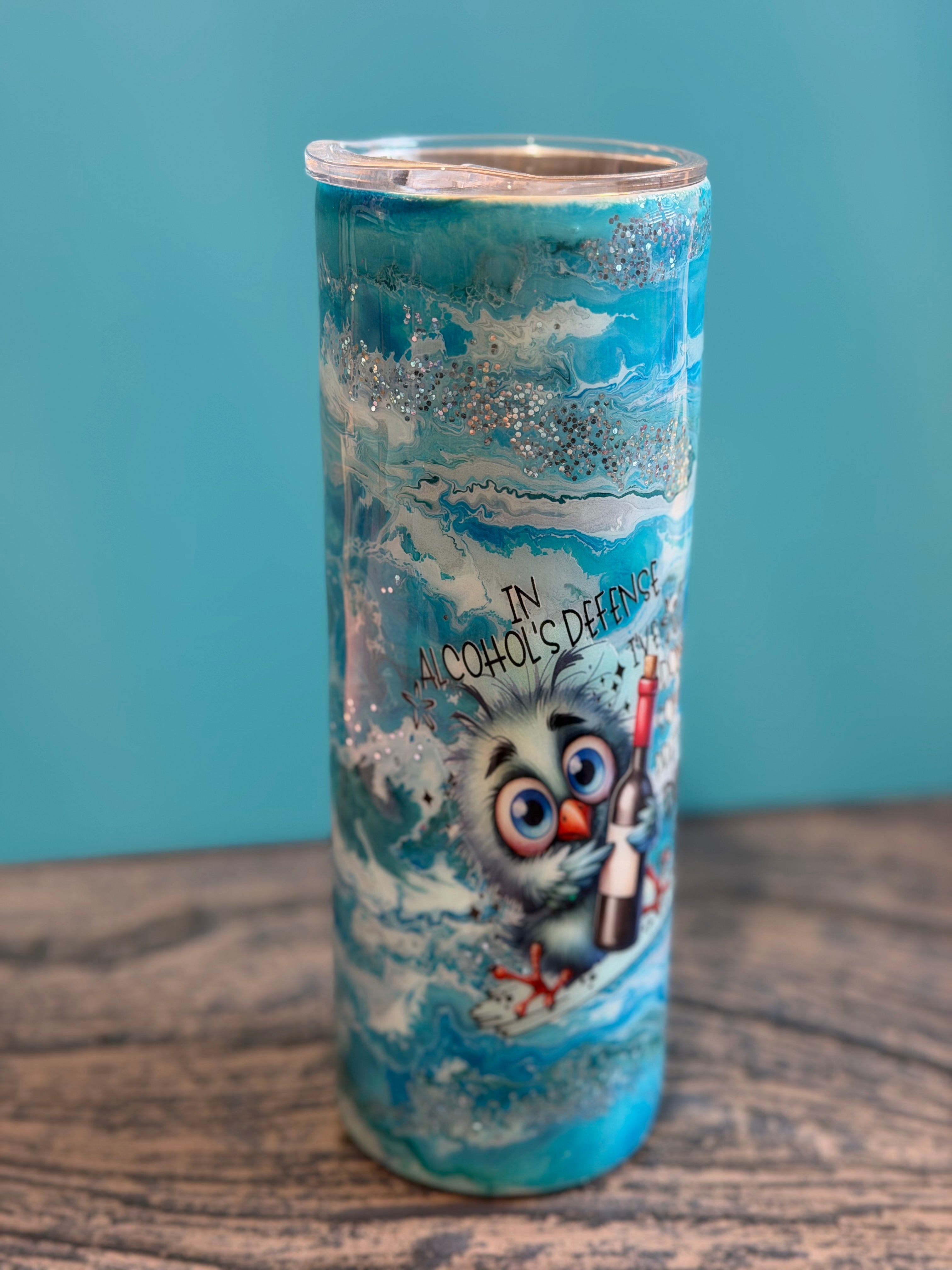 In Alcohol's Defense Tumbler - 20oz Ocean Blue Glitter