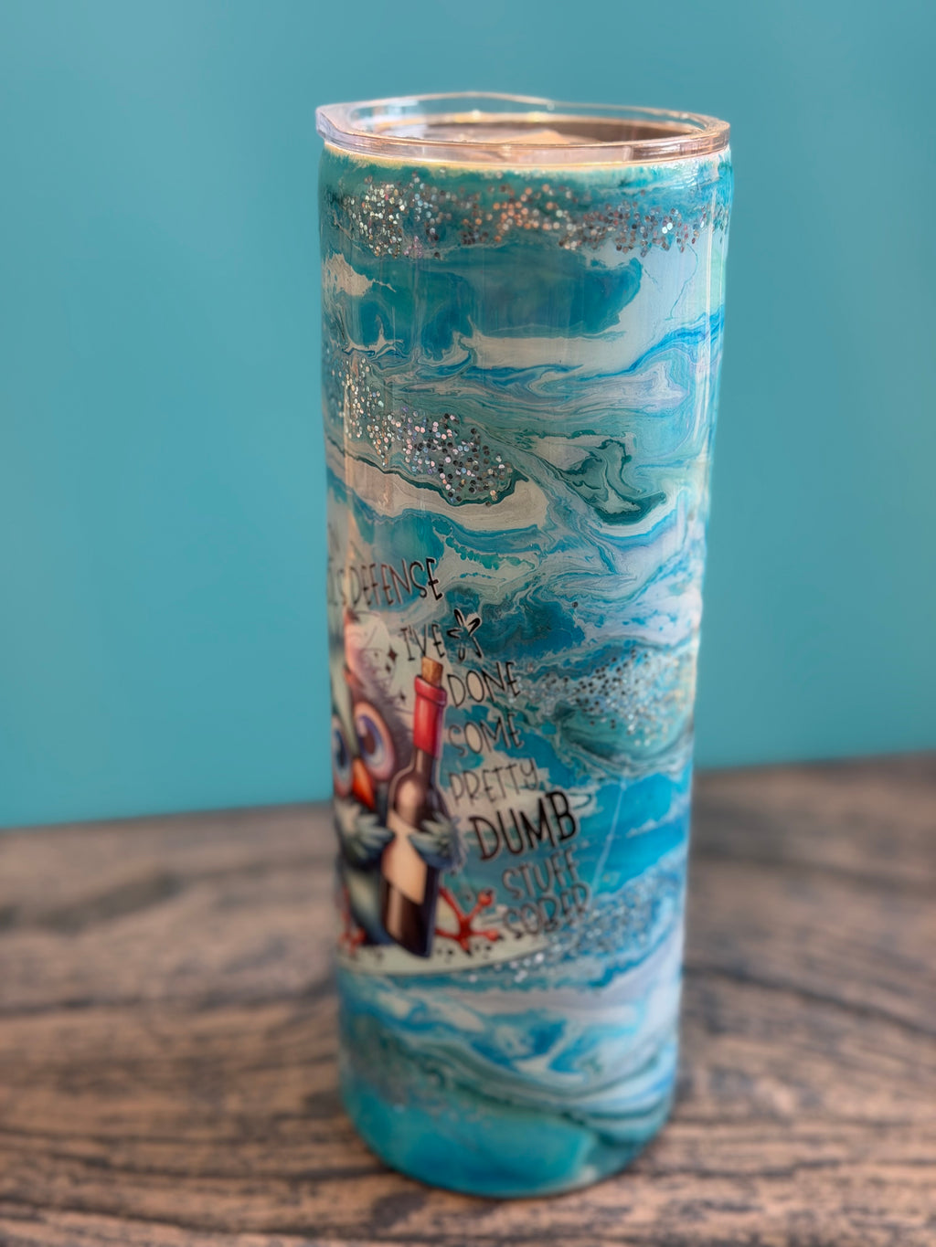 In Alcohol's Defense Tumbler - 20oz Ocean Blue Glitter