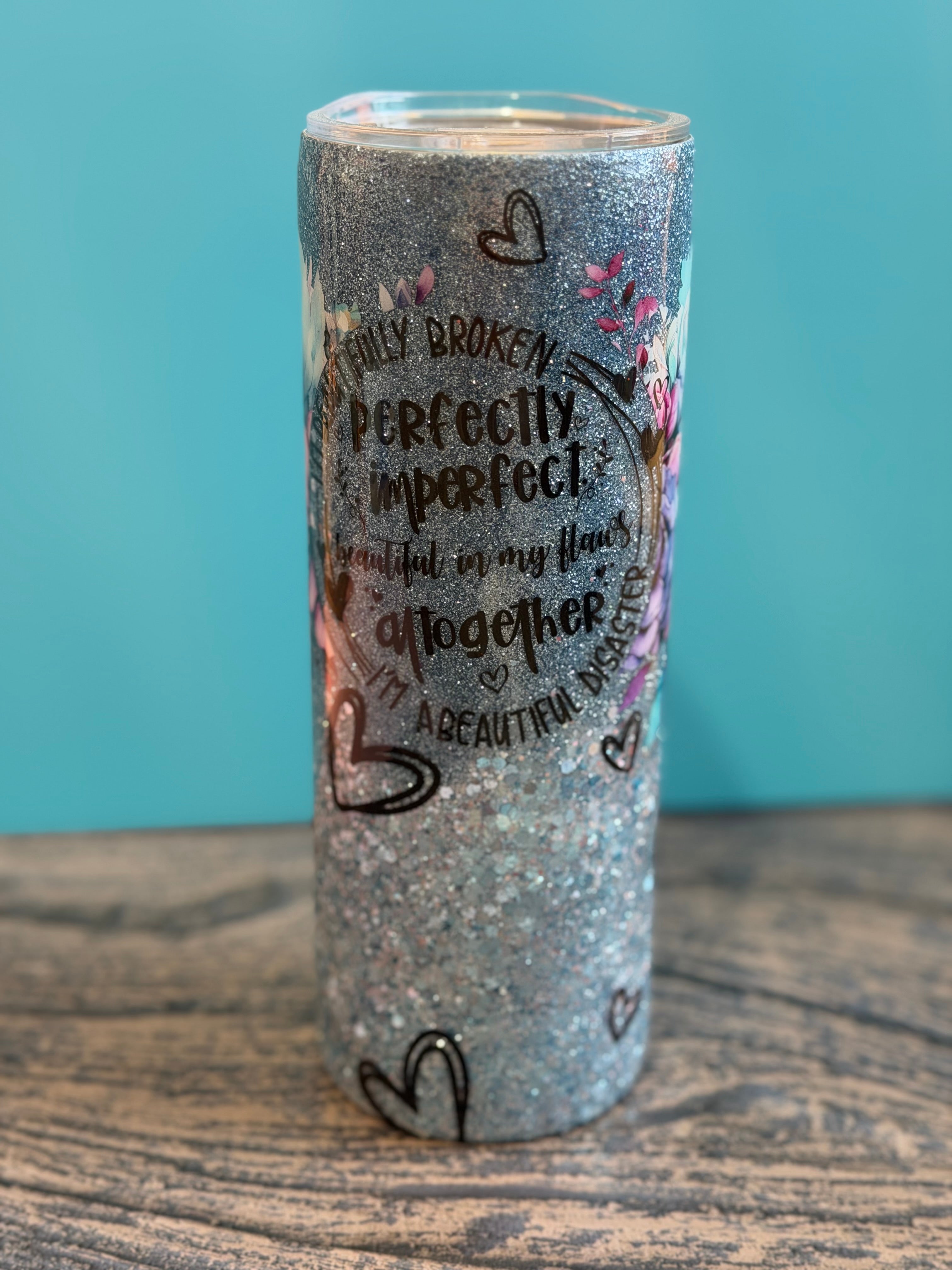 Glitter Tumbler with Floral Design - 20oz Insulated