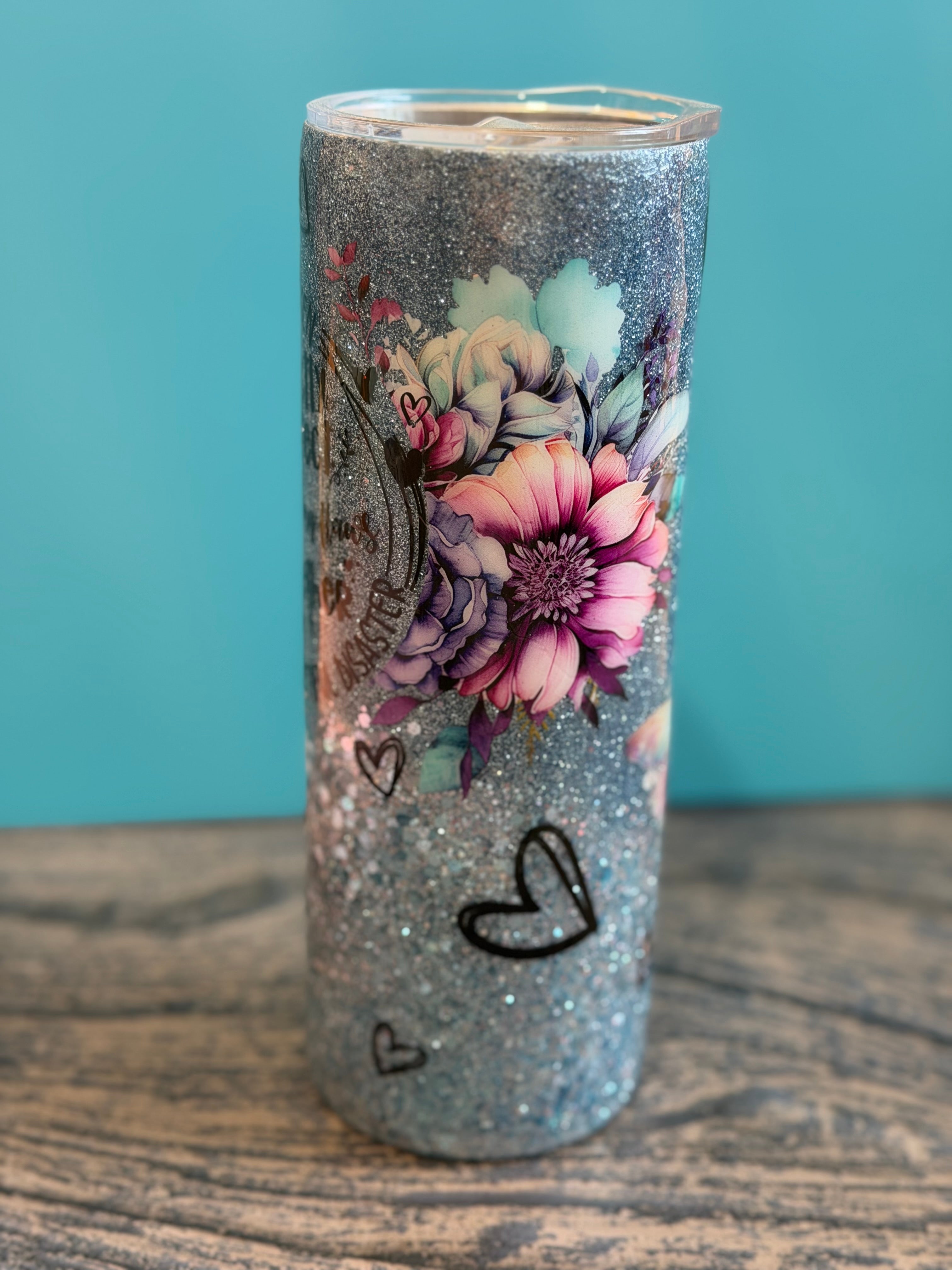 Glitter Tumbler with Floral Design - 20oz Insulated