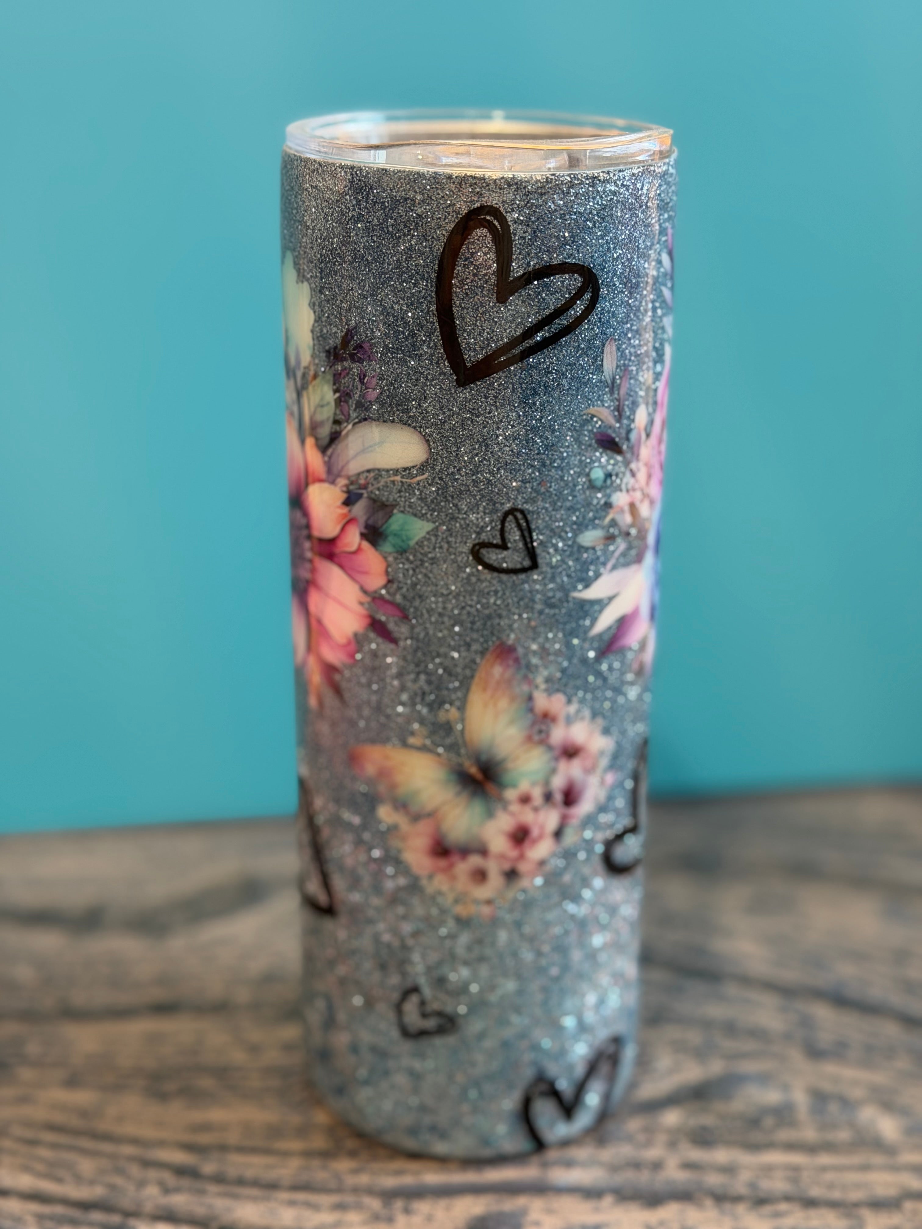 Glitter Tumbler with Floral Design - 20oz Insulated