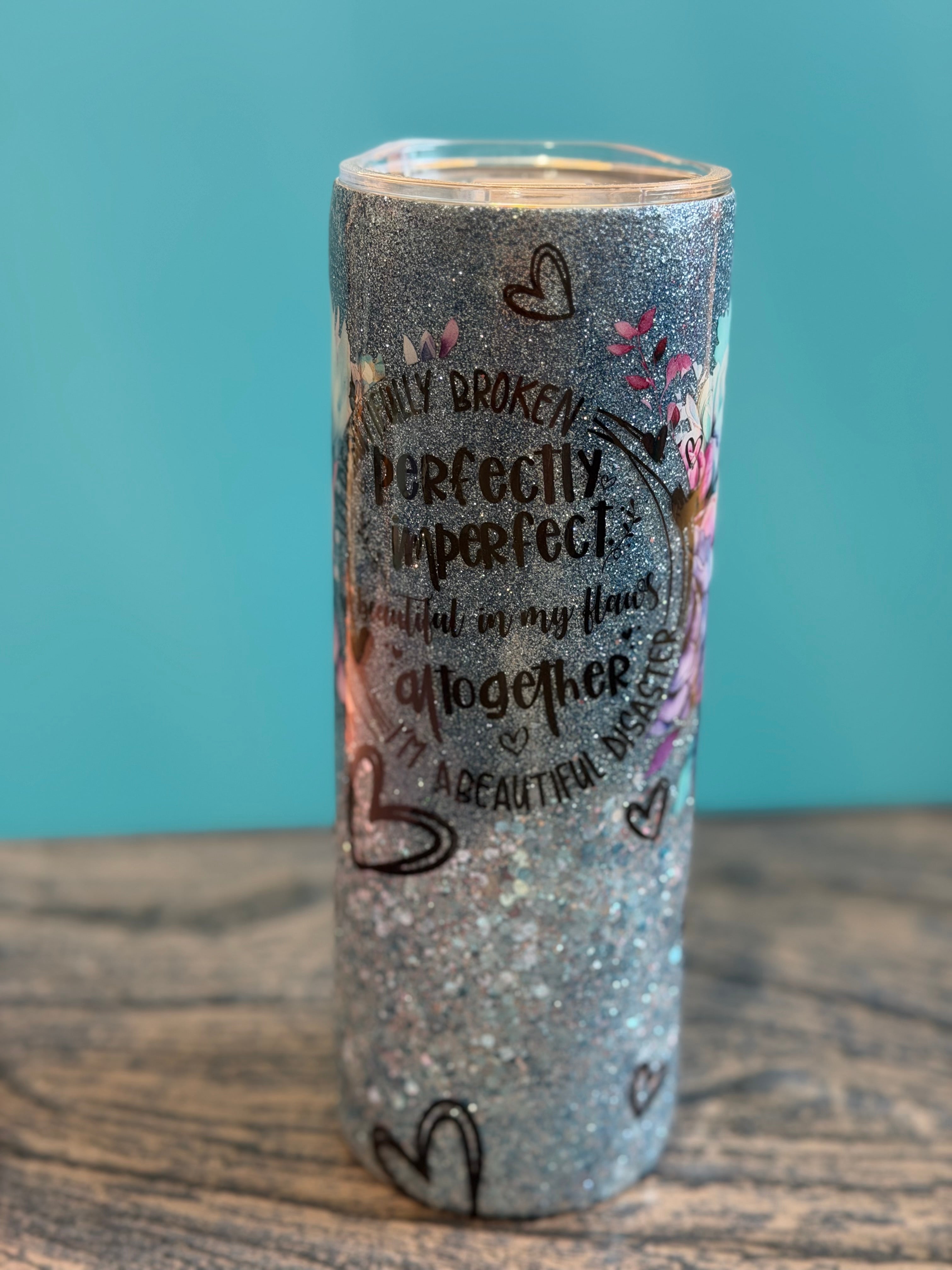 Glitter Tumbler with Floral Design - 20oz Insulated