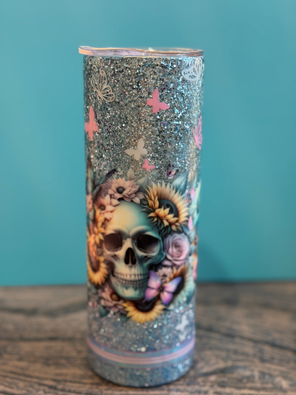 Day of the Dead Skull Tumbler - 20oz Glitter Insulated with Sunflowers & Butterflies
