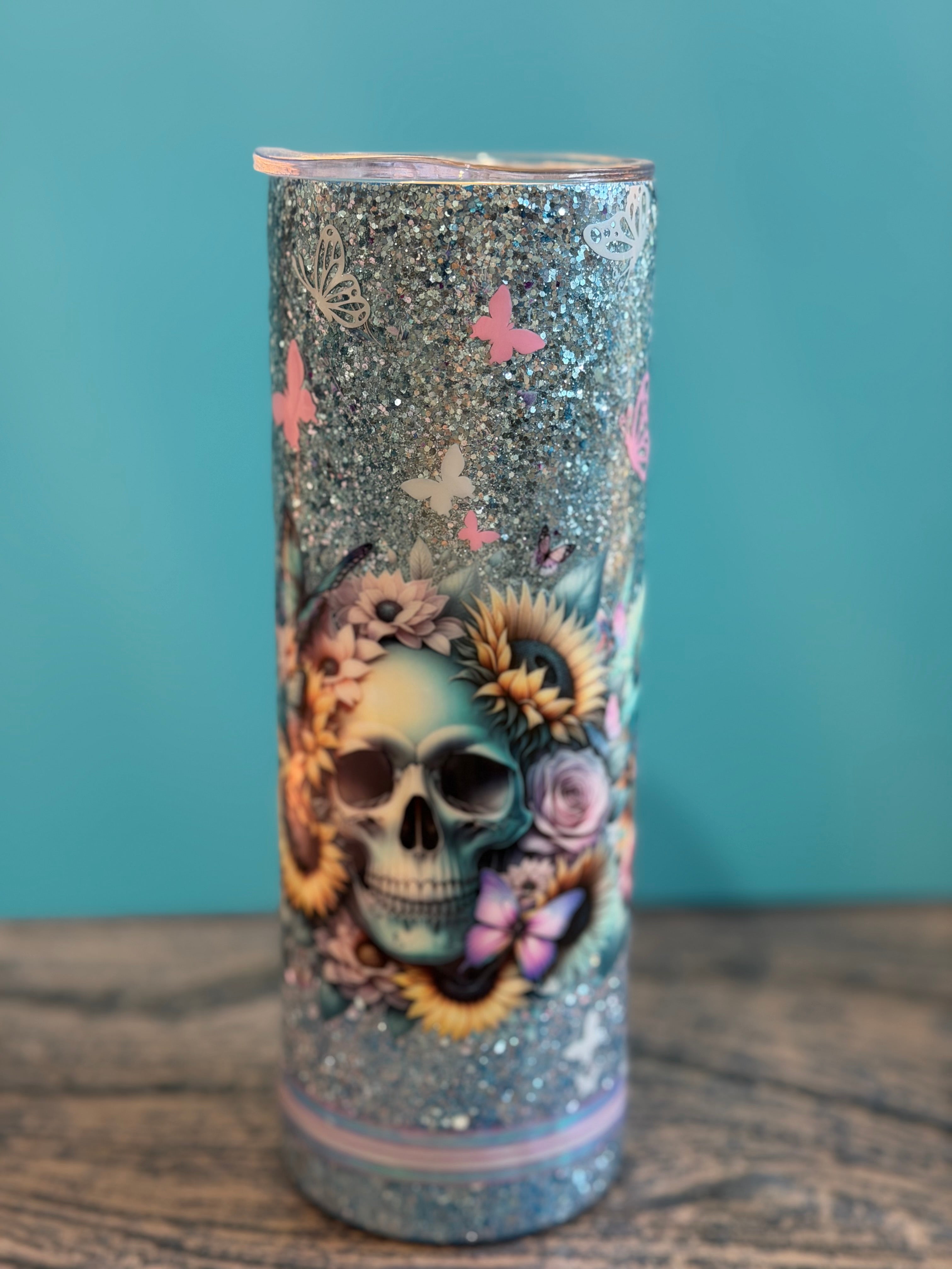 Day of the Dead Skull Tumbler - 20oz Glitter Insulated with Sunflowers & Butterflies