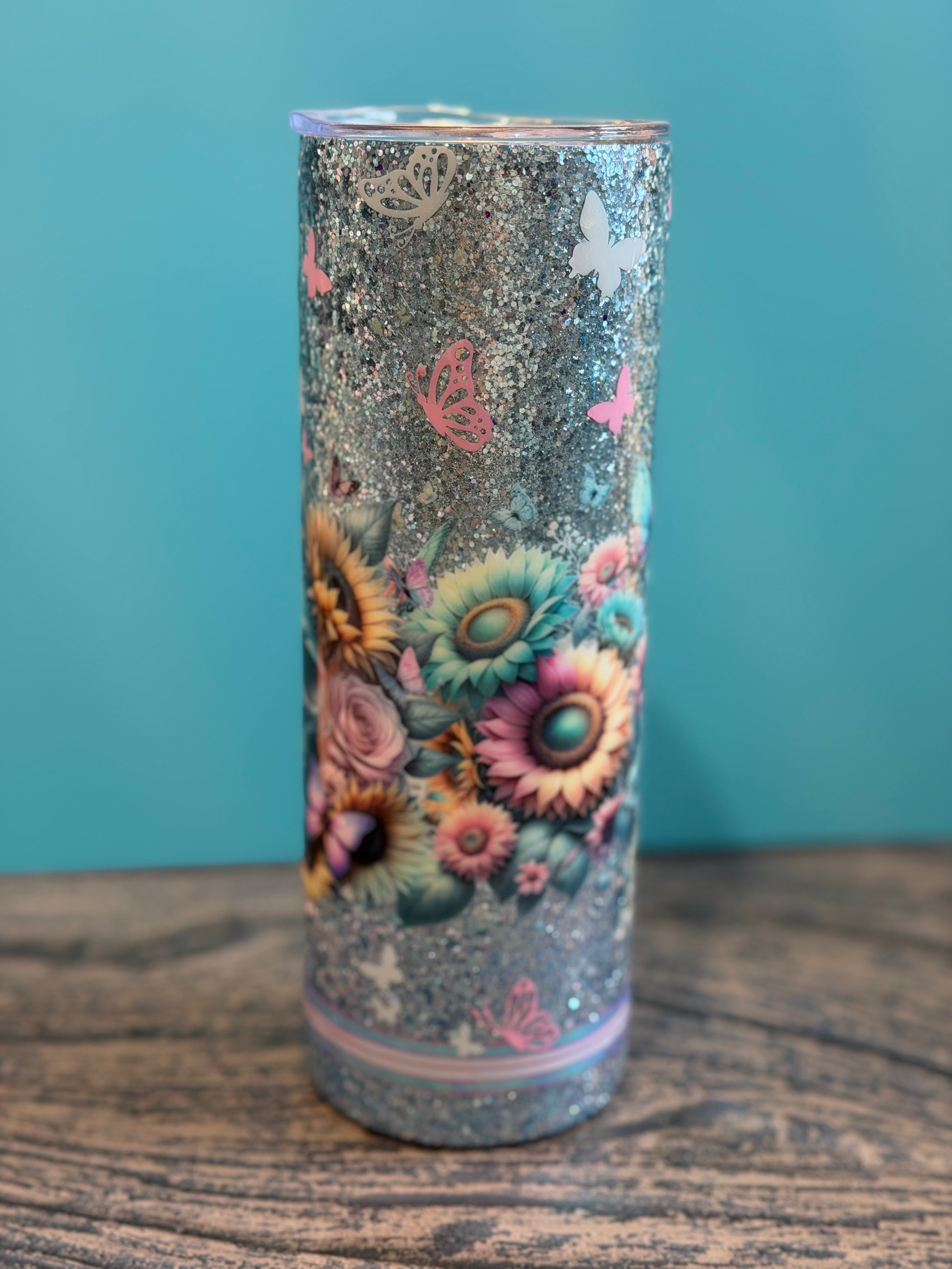 Day of the Dead Skull Tumbler - 20oz Glitter Insulated with Sunflowers & Butterflies