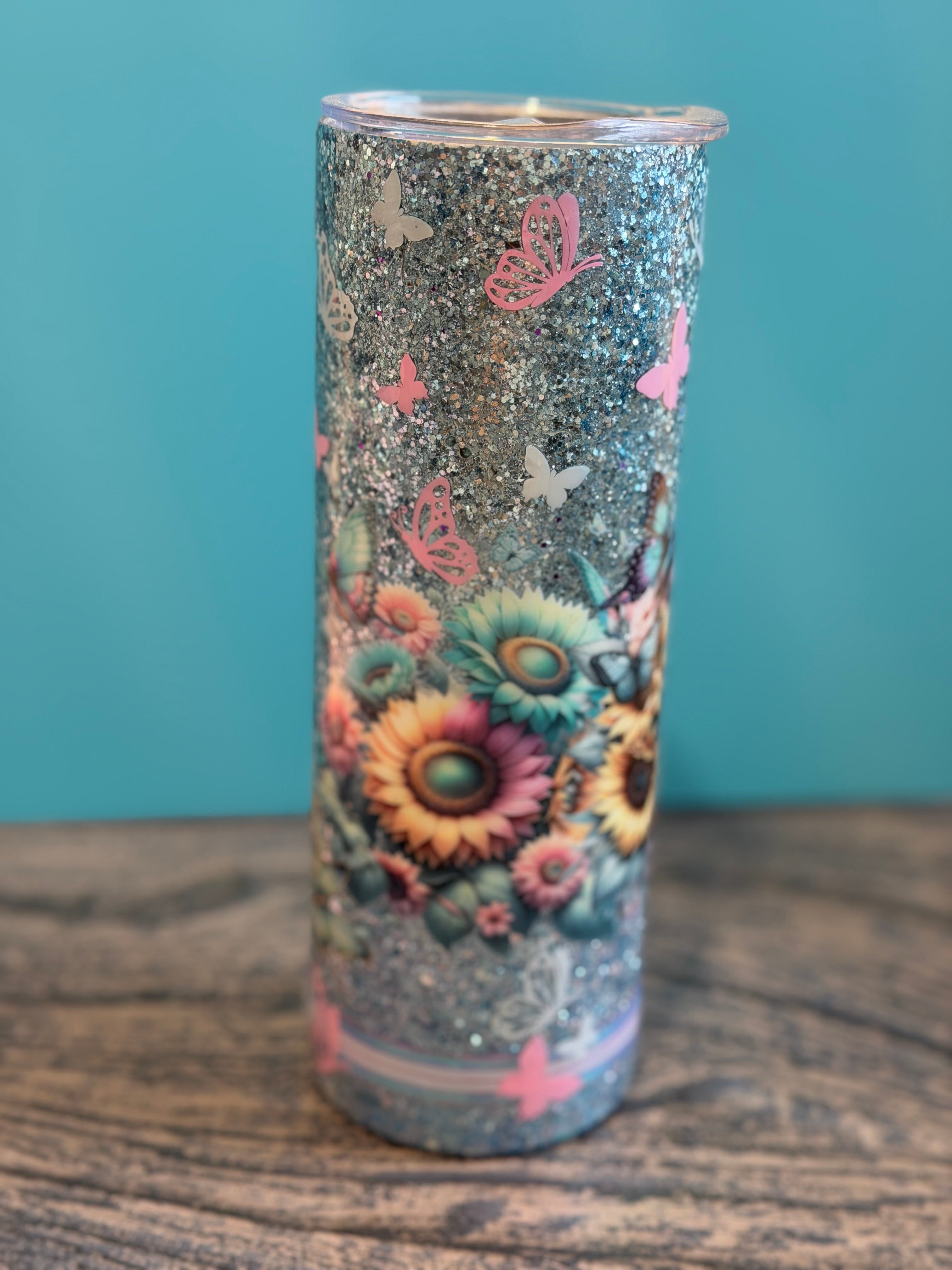 Day of the Dead Skull Tumbler - 20oz Glitter Insulated with Sunflowers & Butterflies