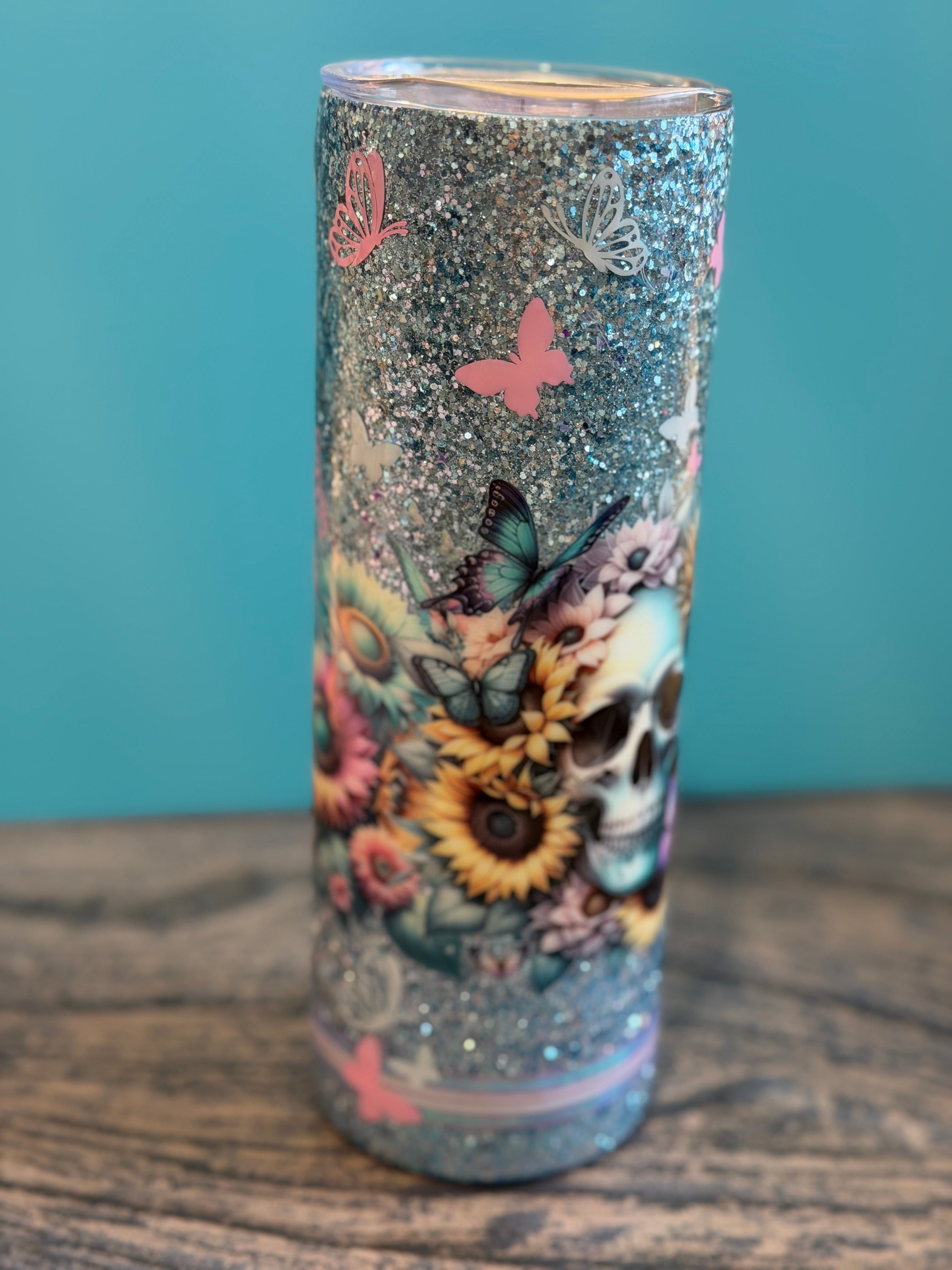 Day of the Dead Skull Tumbler - 20oz Glitter Insulated with Sunflowers & Butterflies