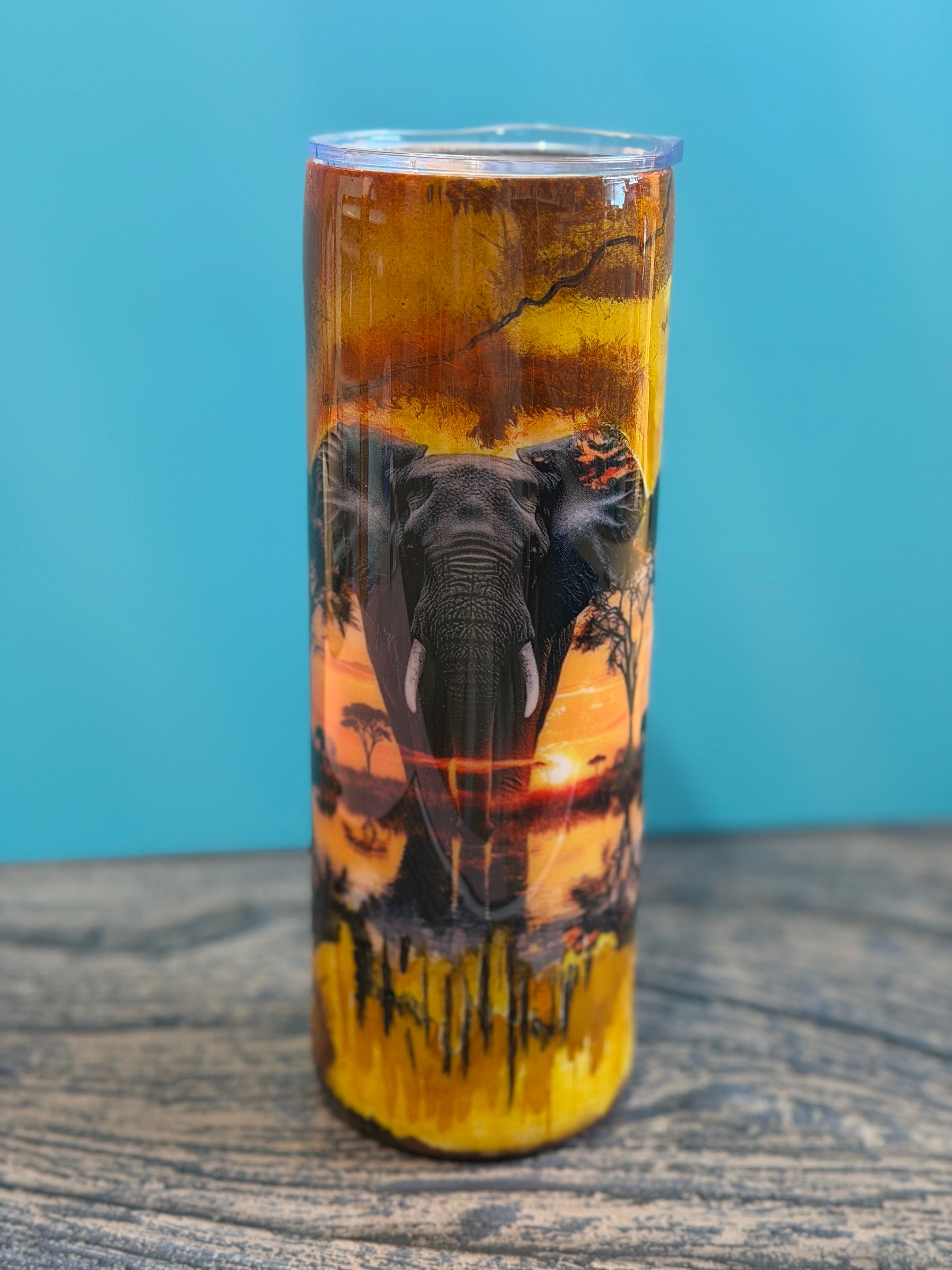 African Safari Elephant Tumbler - 20oz Insulated Sunset Landscape