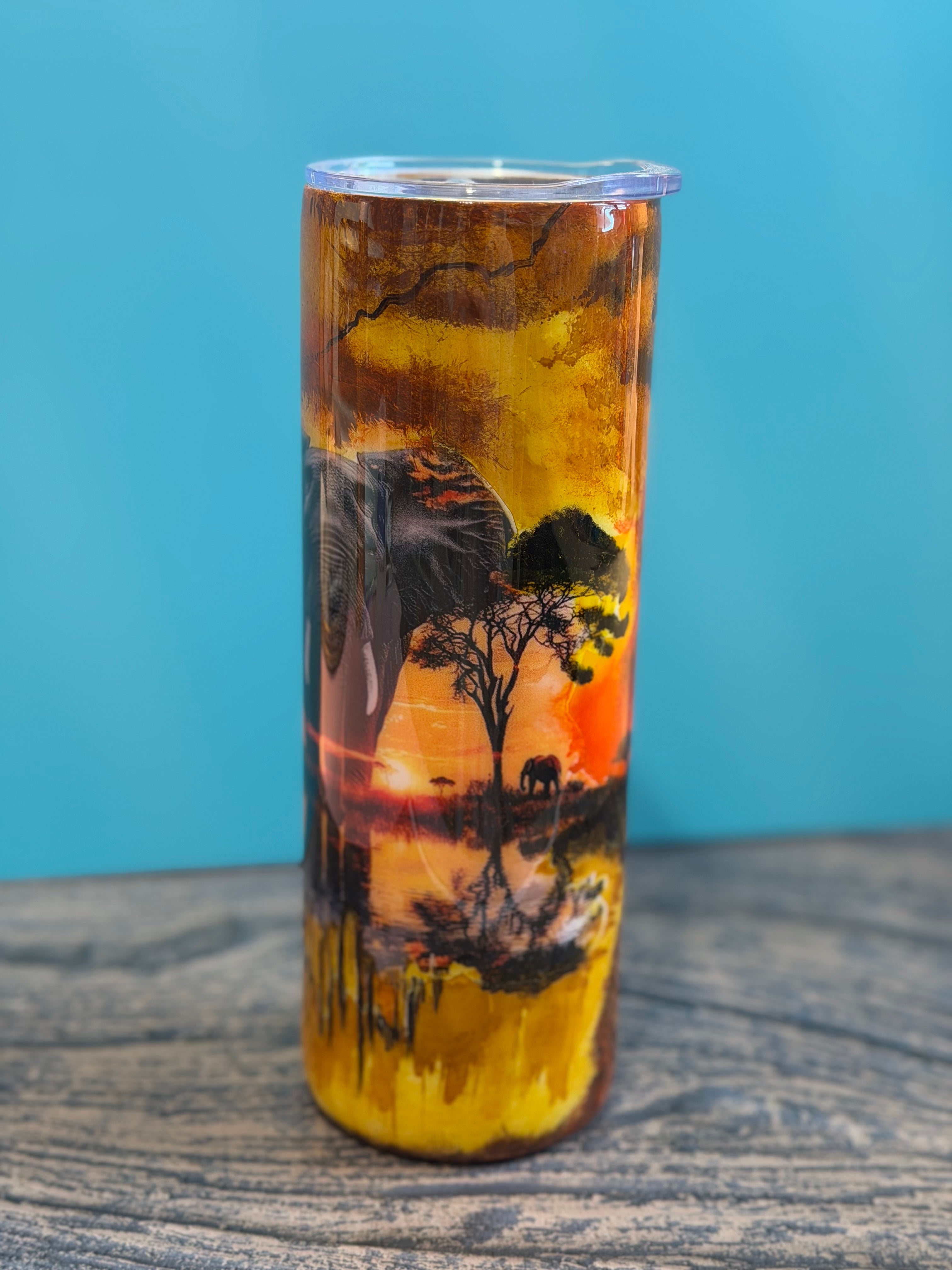 African Safari Elephant Tumbler - 20oz Insulated Sunset Landscape