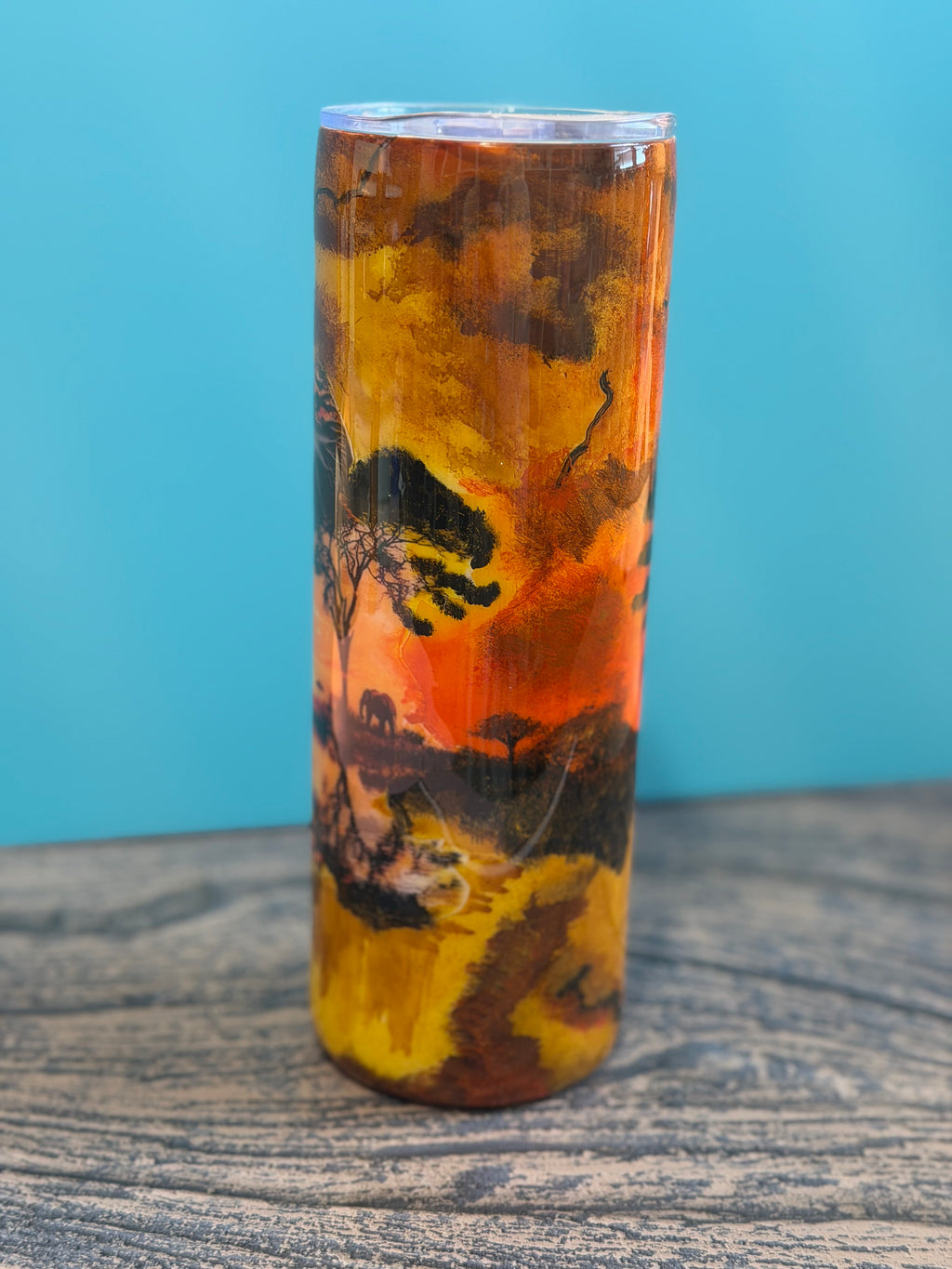 African Safari Elephant Tumbler - 20oz Insulated Sunset Landscape