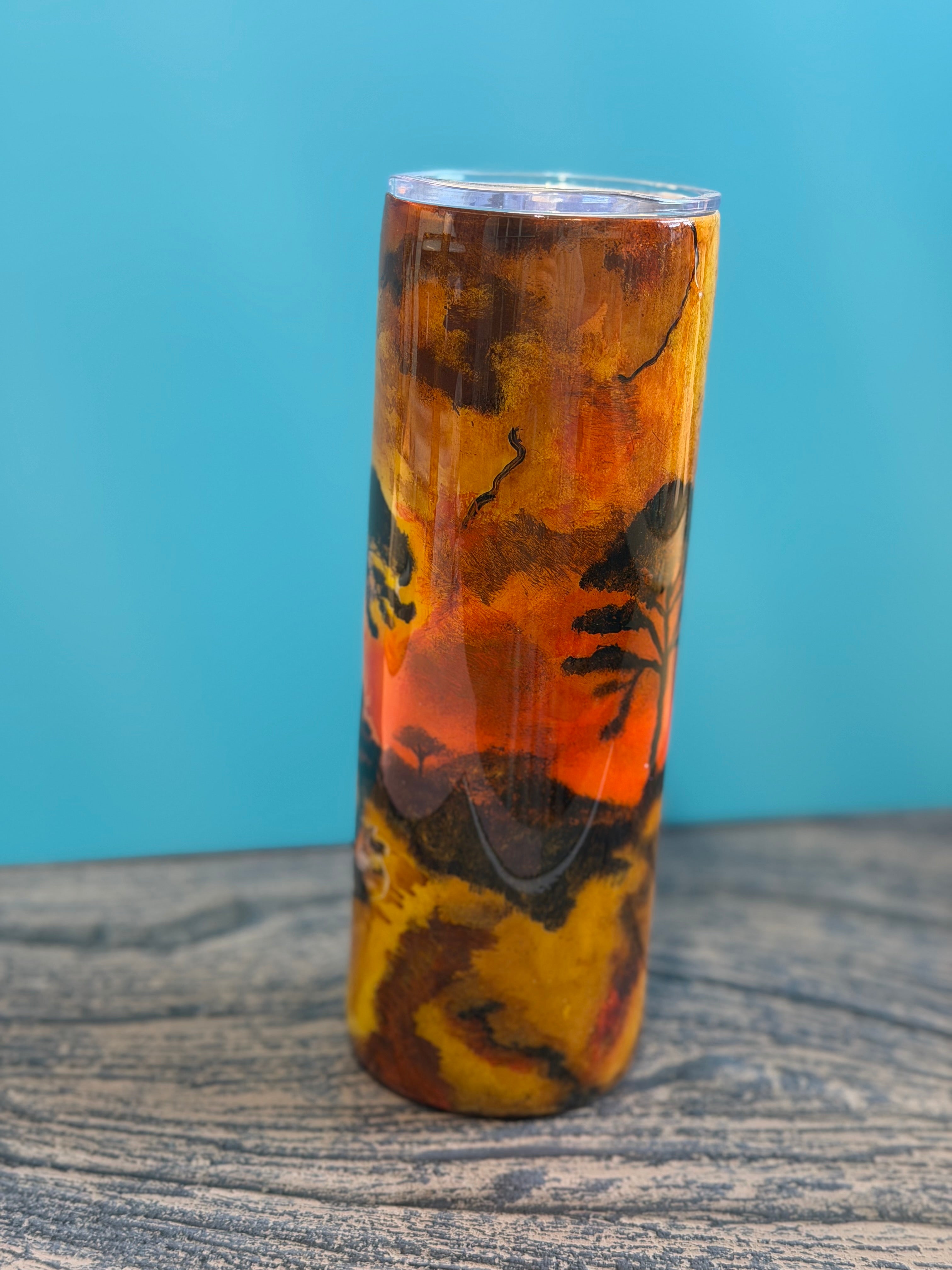African Safari Elephant Tumbler - 20oz Insulated Sunset Landscape