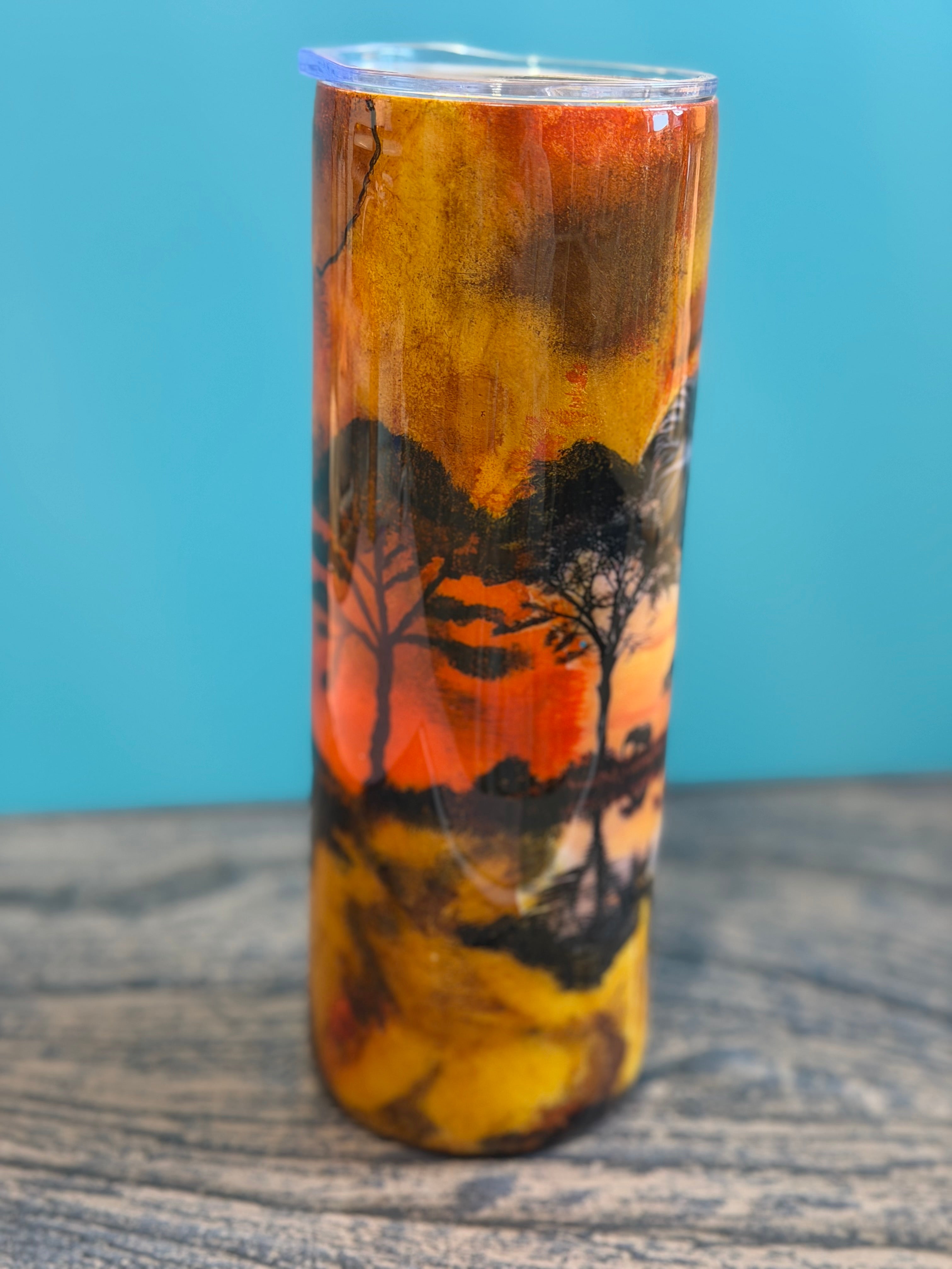 African Safari Elephant Tumbler - 20oz Insulated Sunset Landscape