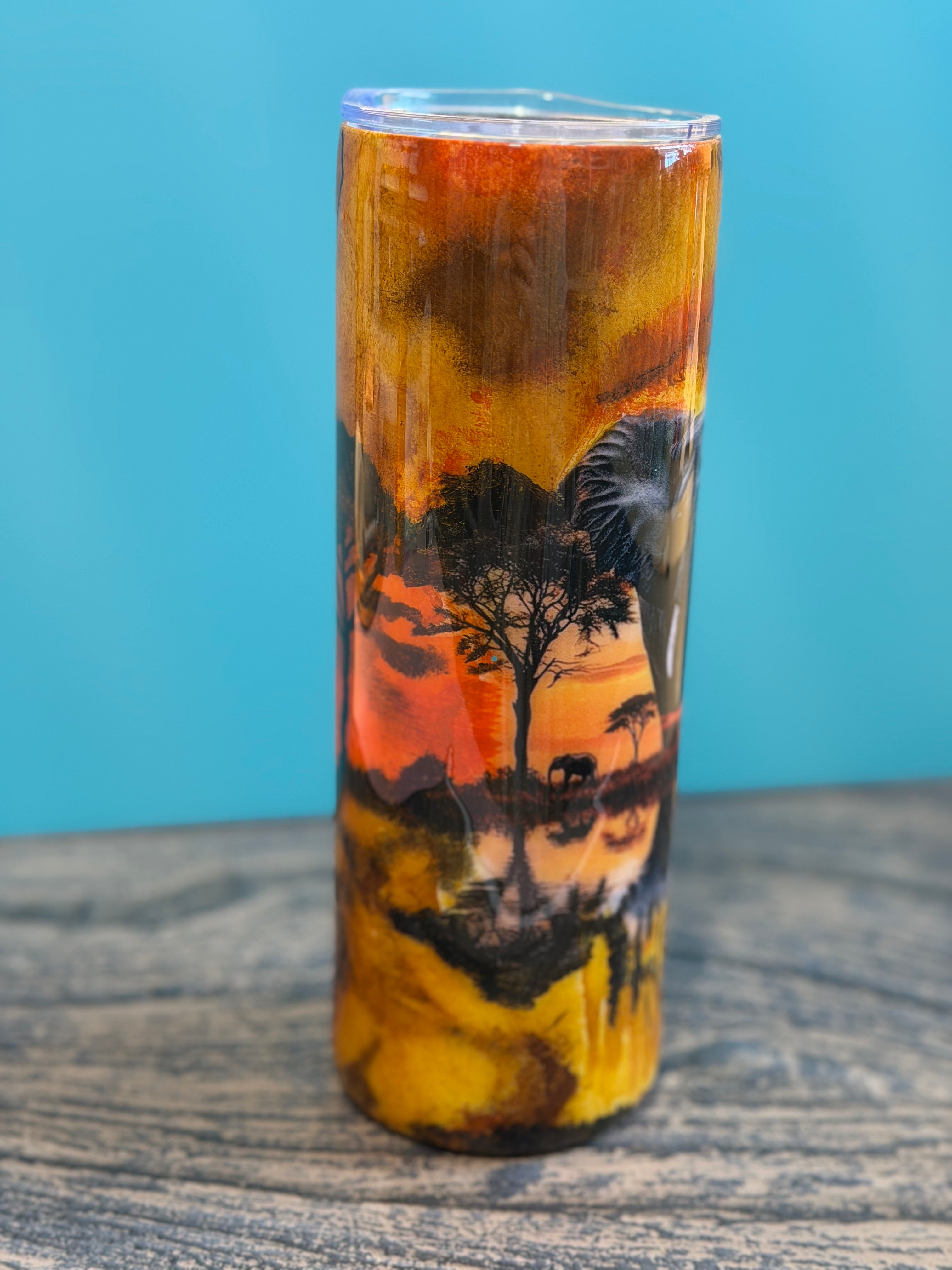 African Safari Elephant Tumbler - 20oz Insulated Sunset Landscape