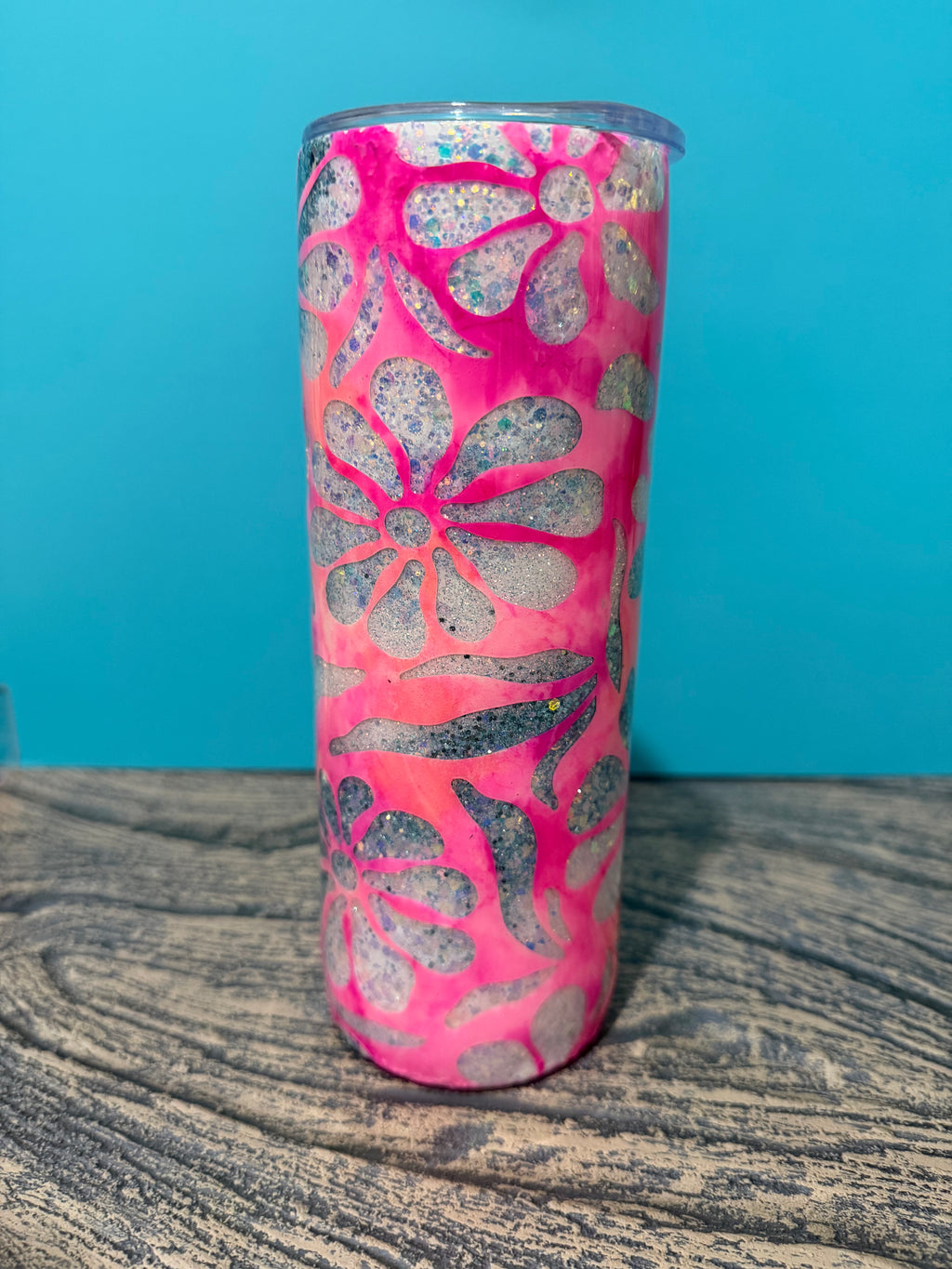 Hot Pink Floral Tumbler - 20oz Holographic Glitter