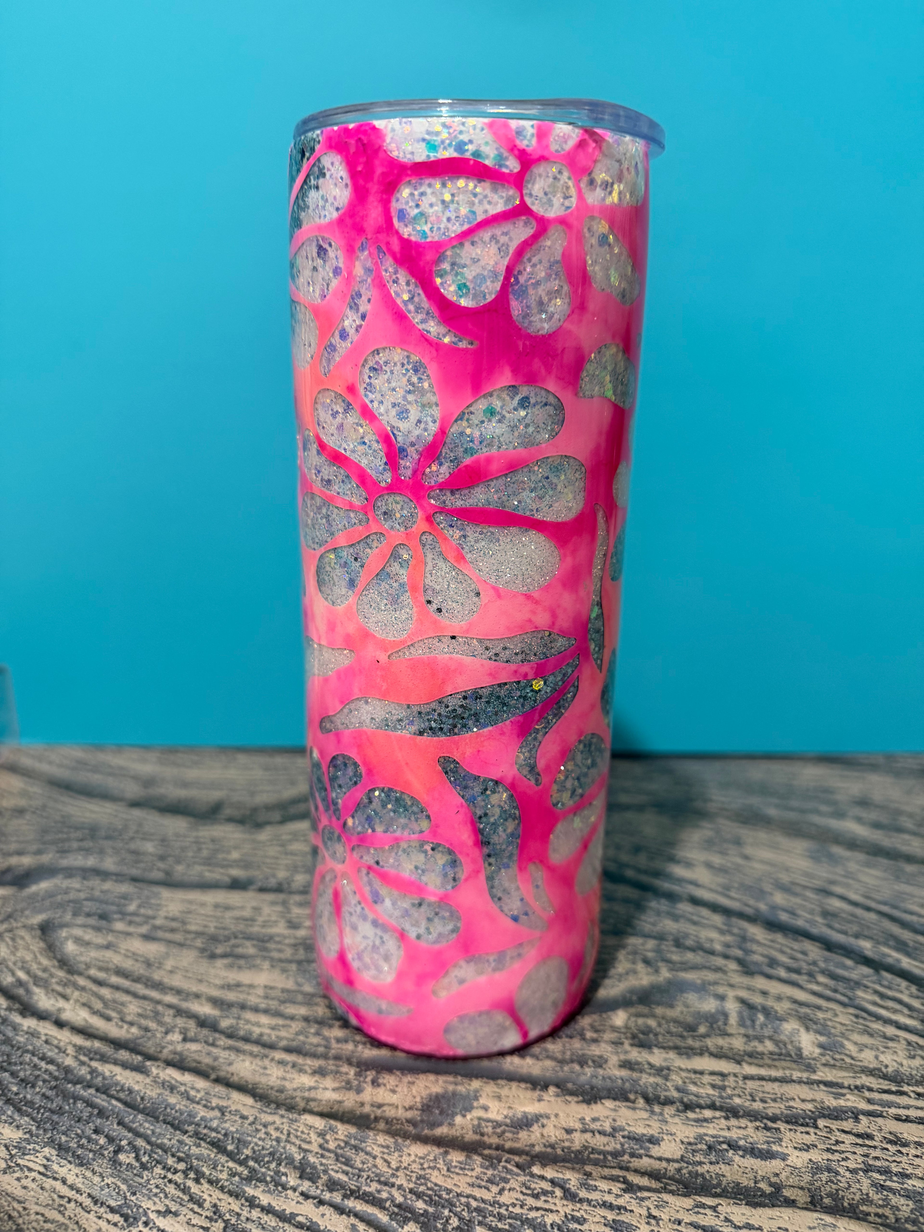 Hot Pink Floral Tumbler - 20oz Holographic Glitter