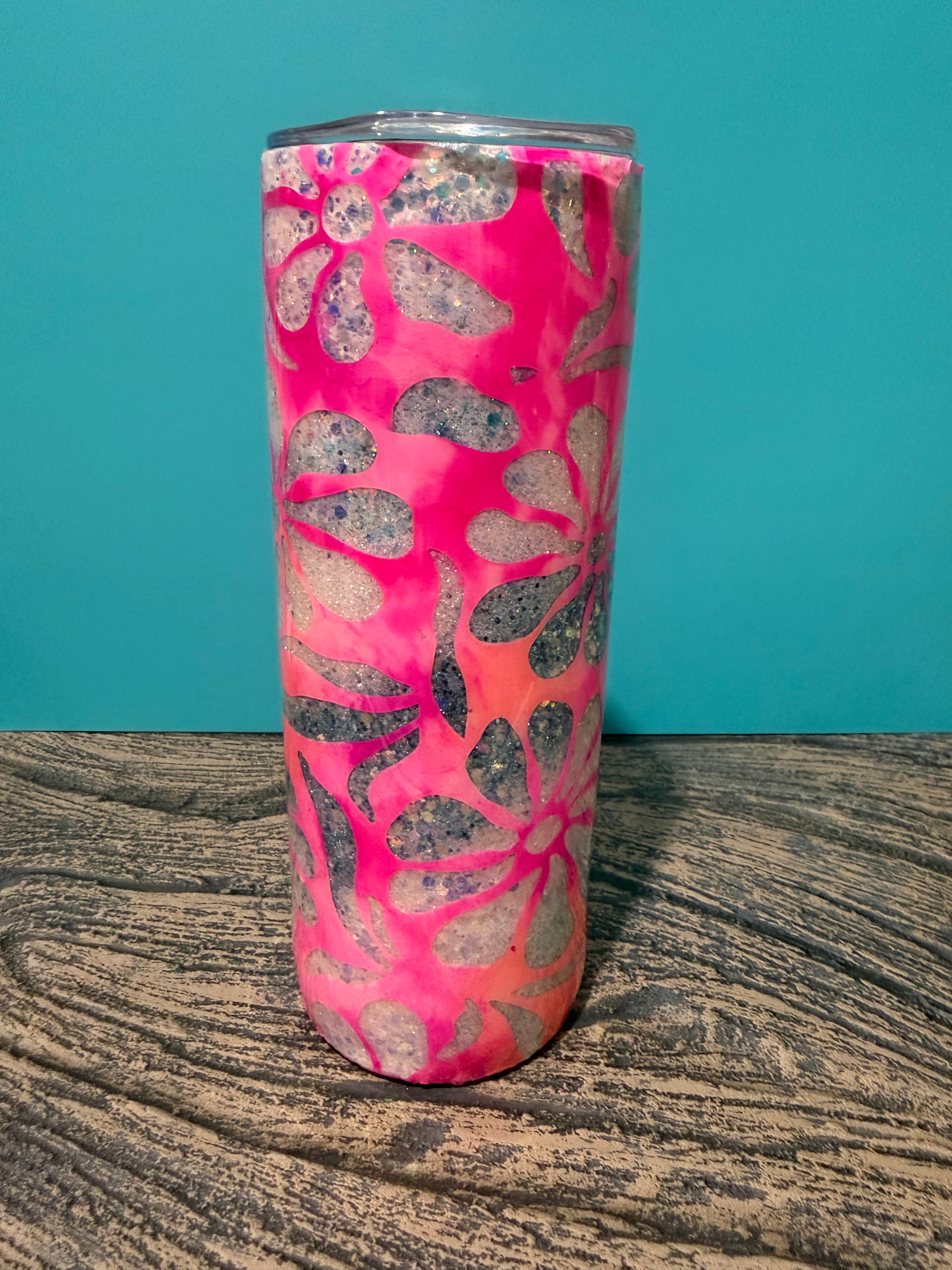 Hot Pink Floral Tumbler - 20oz Holographic Glitter