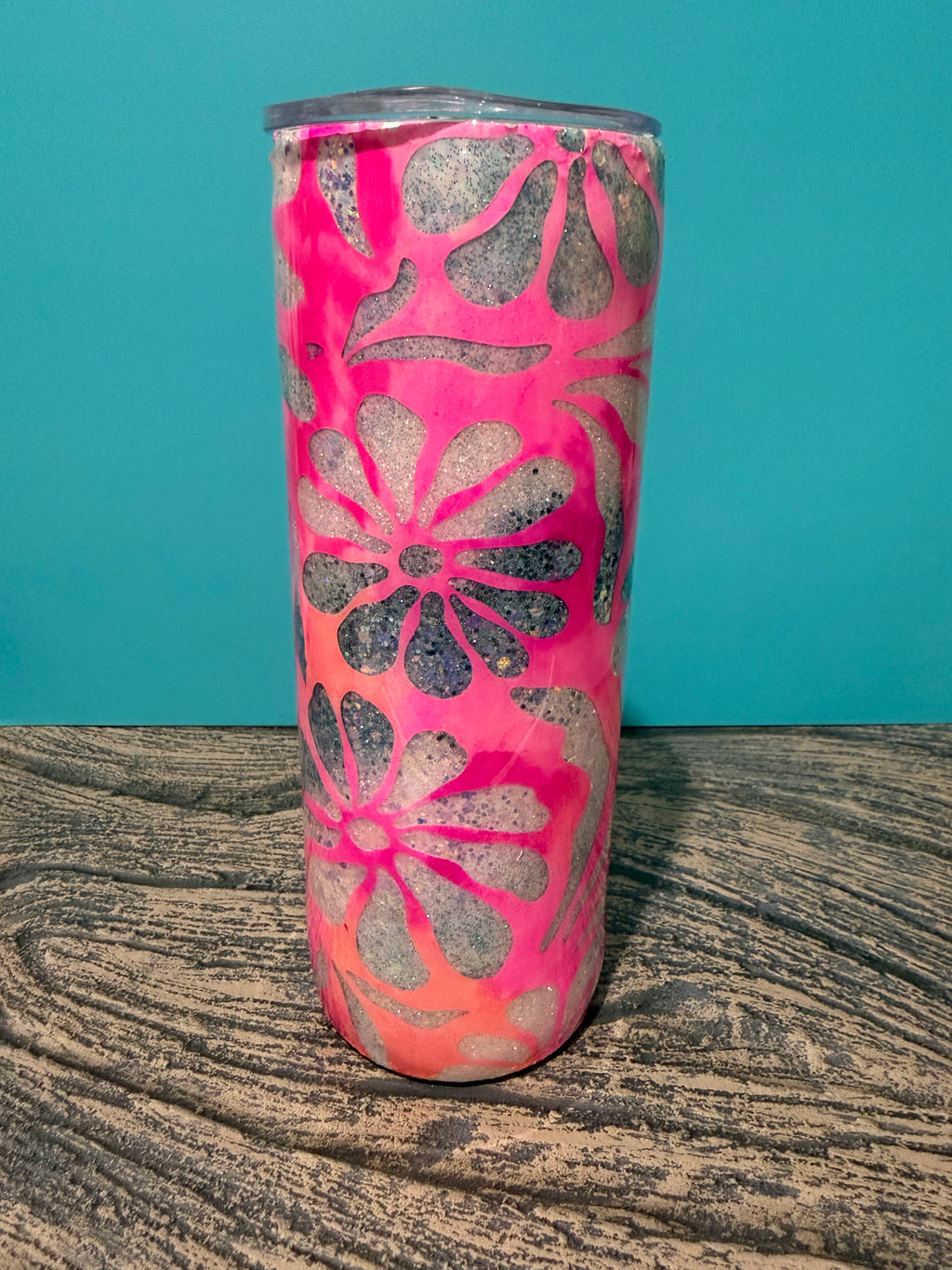 Hot Pink Floral Tumbler - 20oz Holographic Glitter