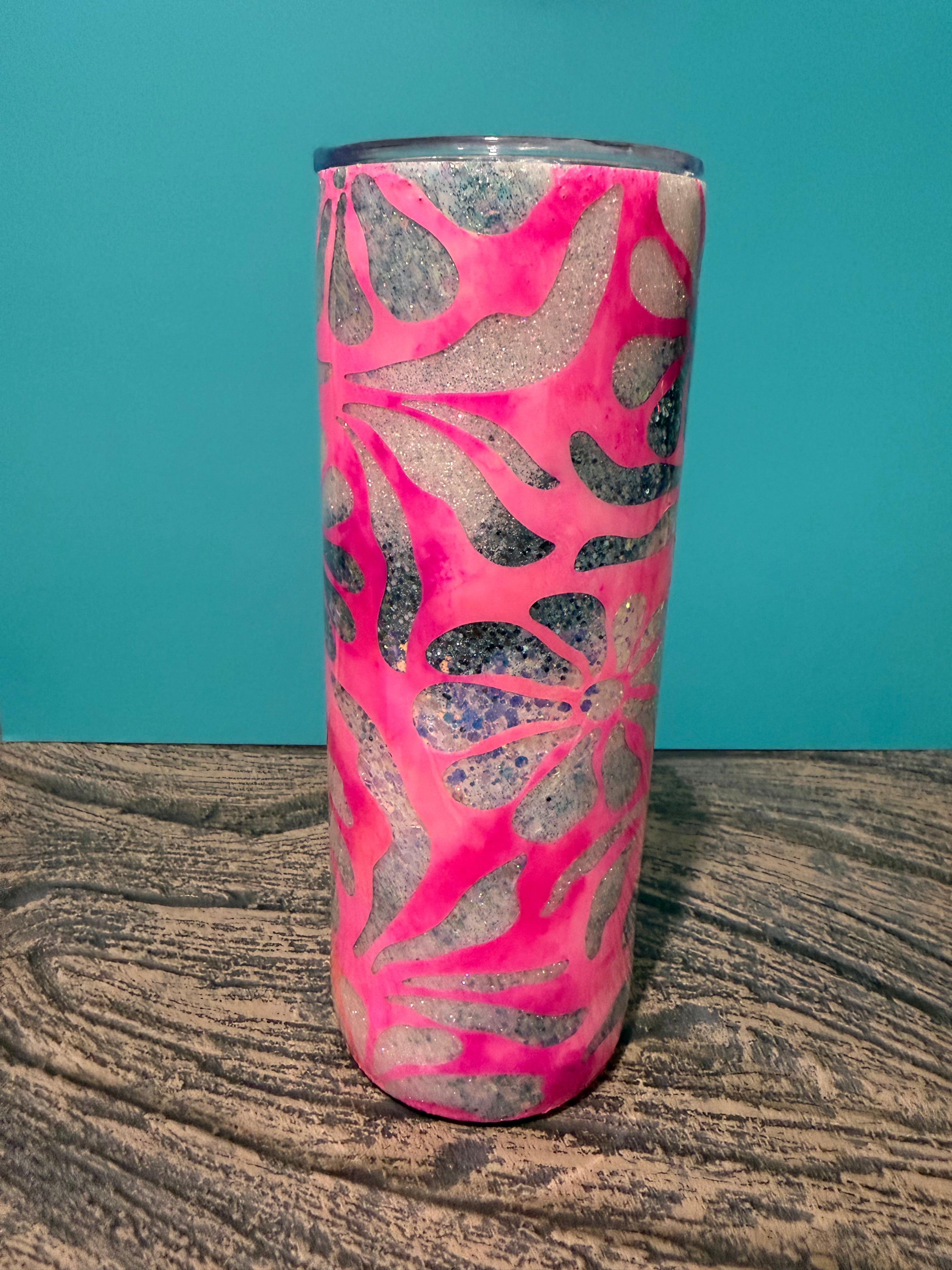 Hot Pink Floral Tumbler - 20oz Holographic Glitter