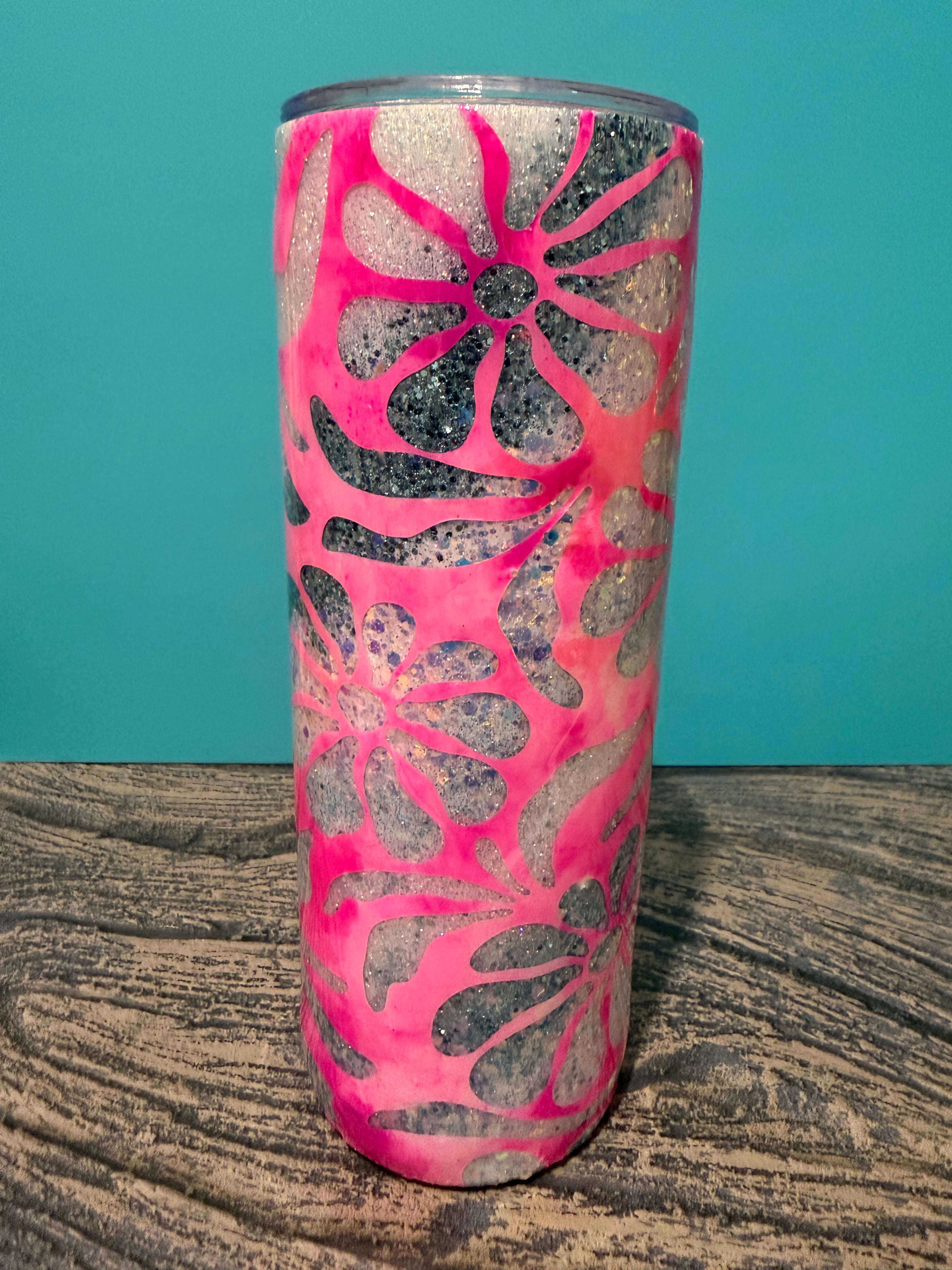 Hot Pink Floral Tumbler - 20oz Holographic Glitter