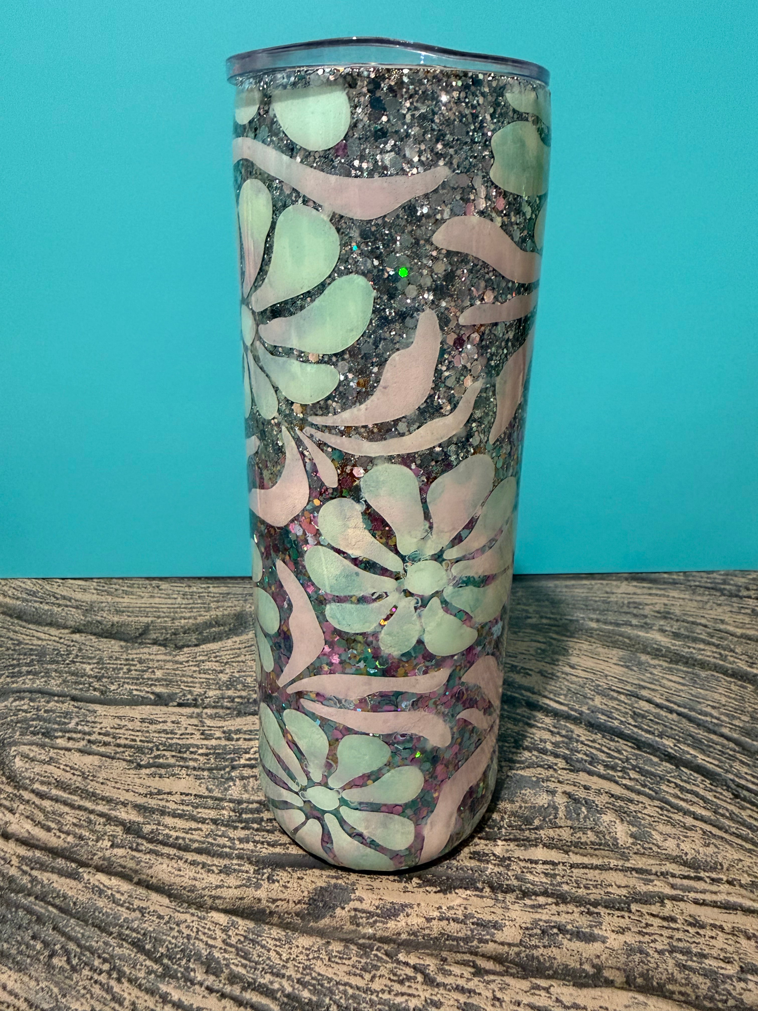 Mint Floral Elegance Tumbler - 20oz Holographic Glitter